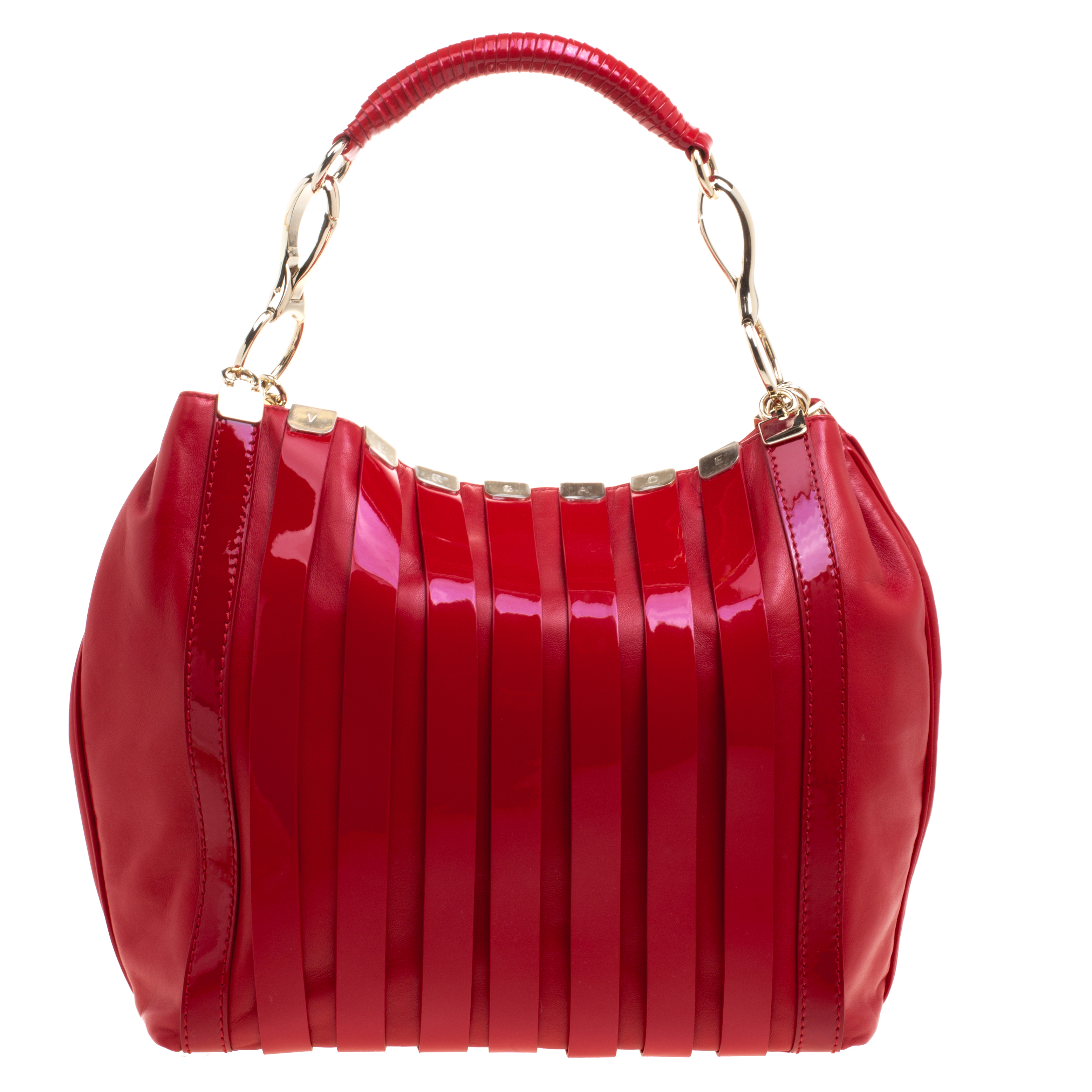 Versace Red Leather and Stripe Patent Leather Hobo