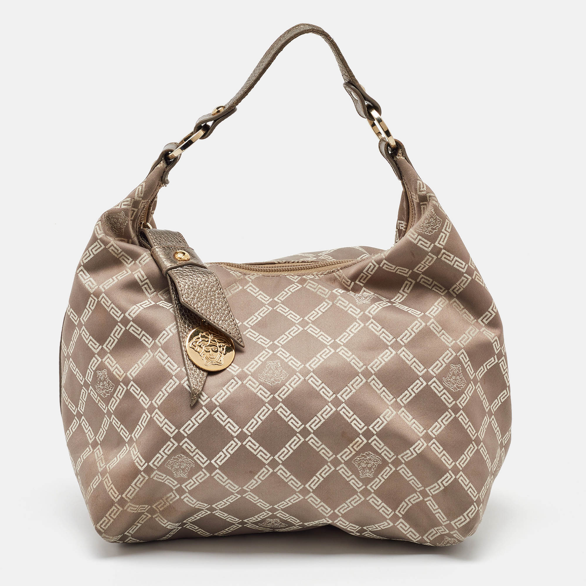 

Versace Metallic Signature Canvas and Leather Palazzo Charm Hobo