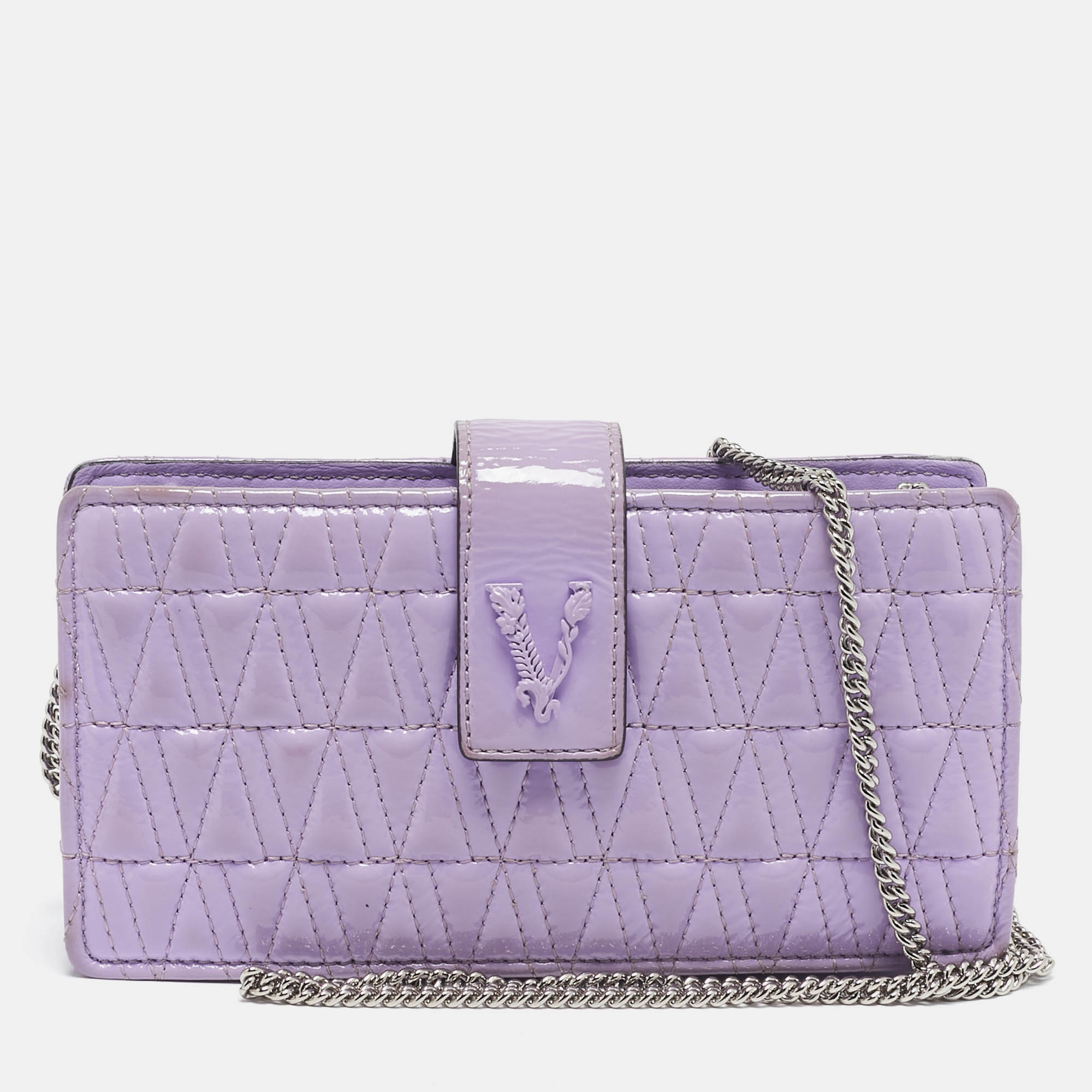 

Versace Lilac Quilted Patent Leather Virtus Wallet on Chain, Purple