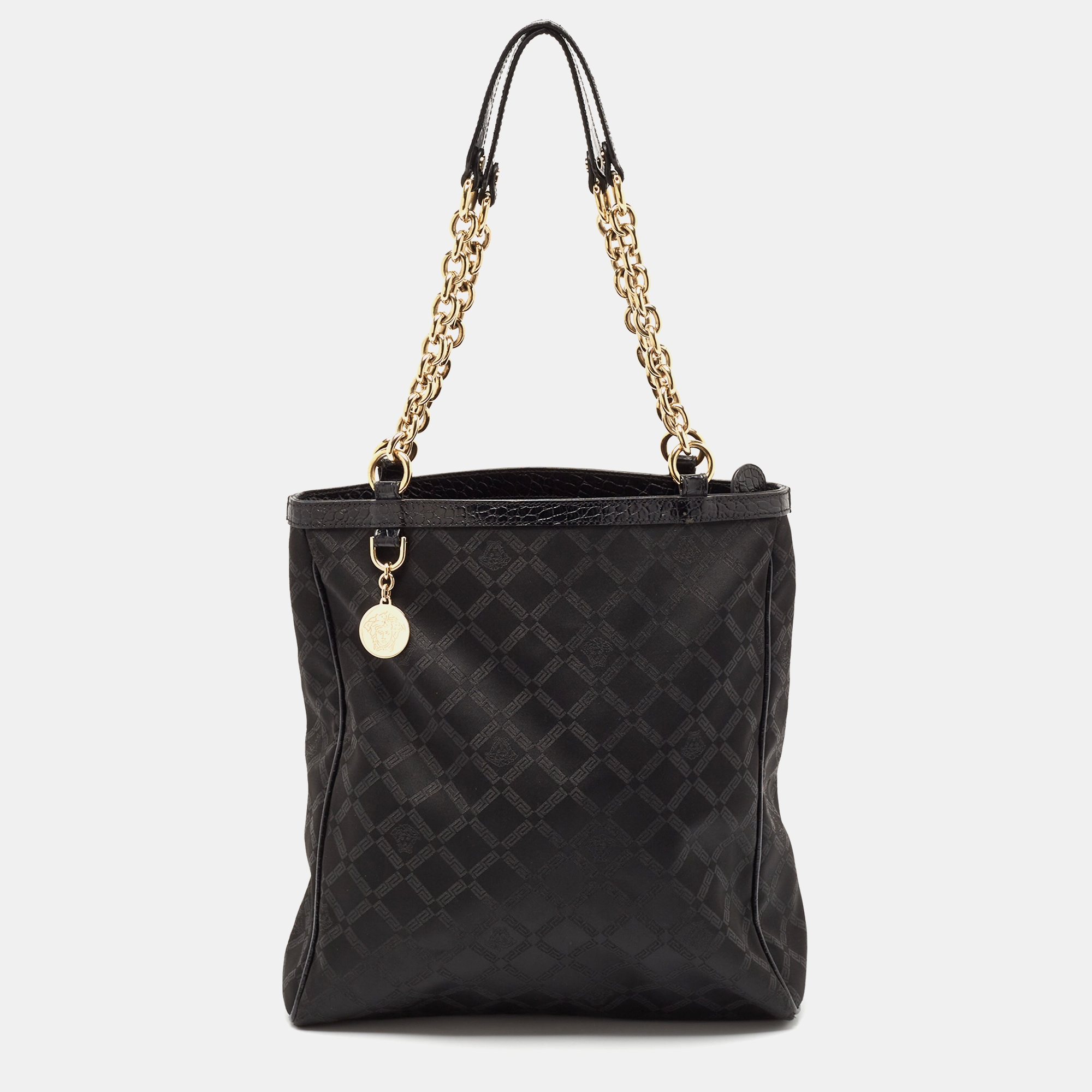 

Versace Black Signature Fabric and Croc Embossed Leather Chain Shopper Tote