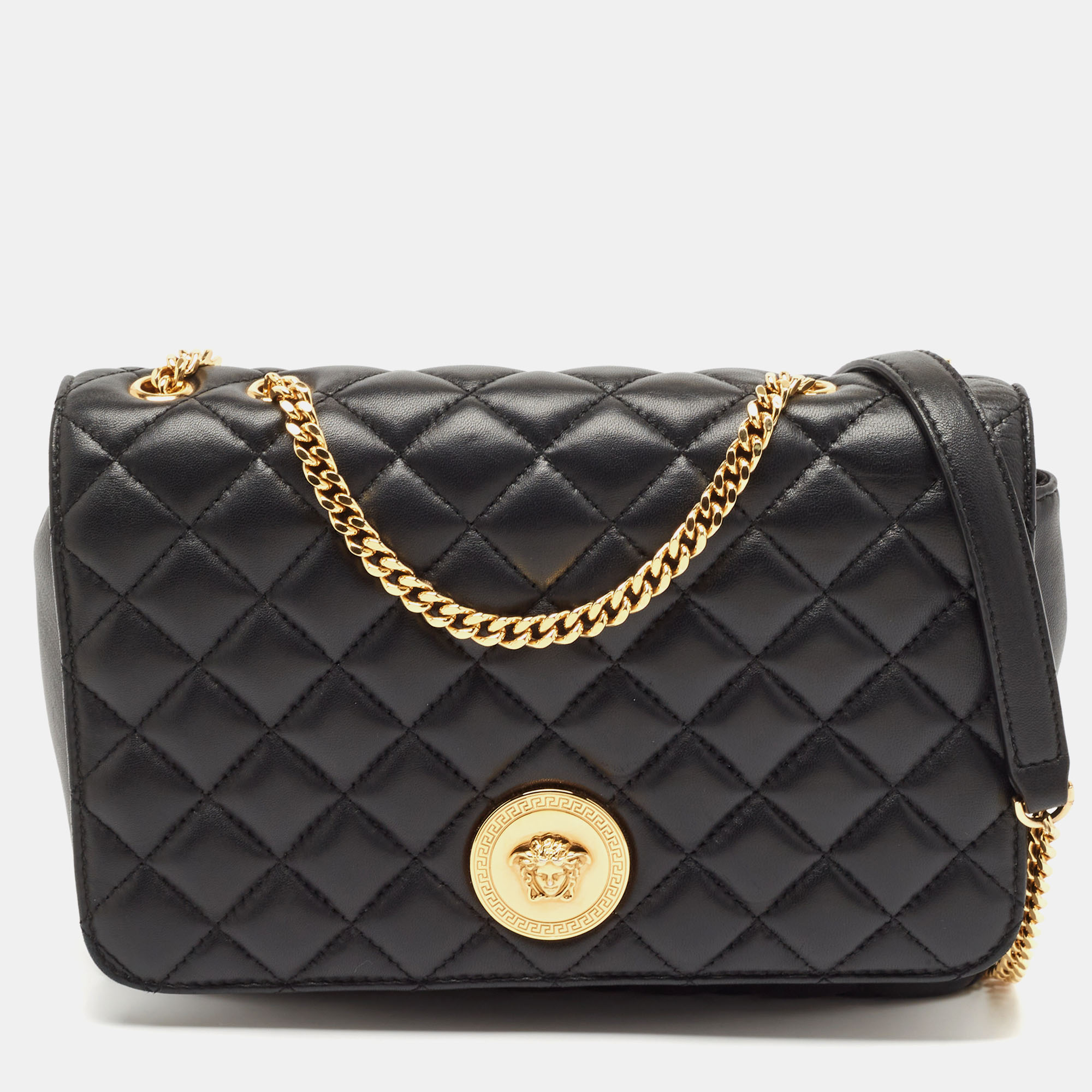 

Versace Black Quilted Leather La Medusa Chain Shoulder Bag