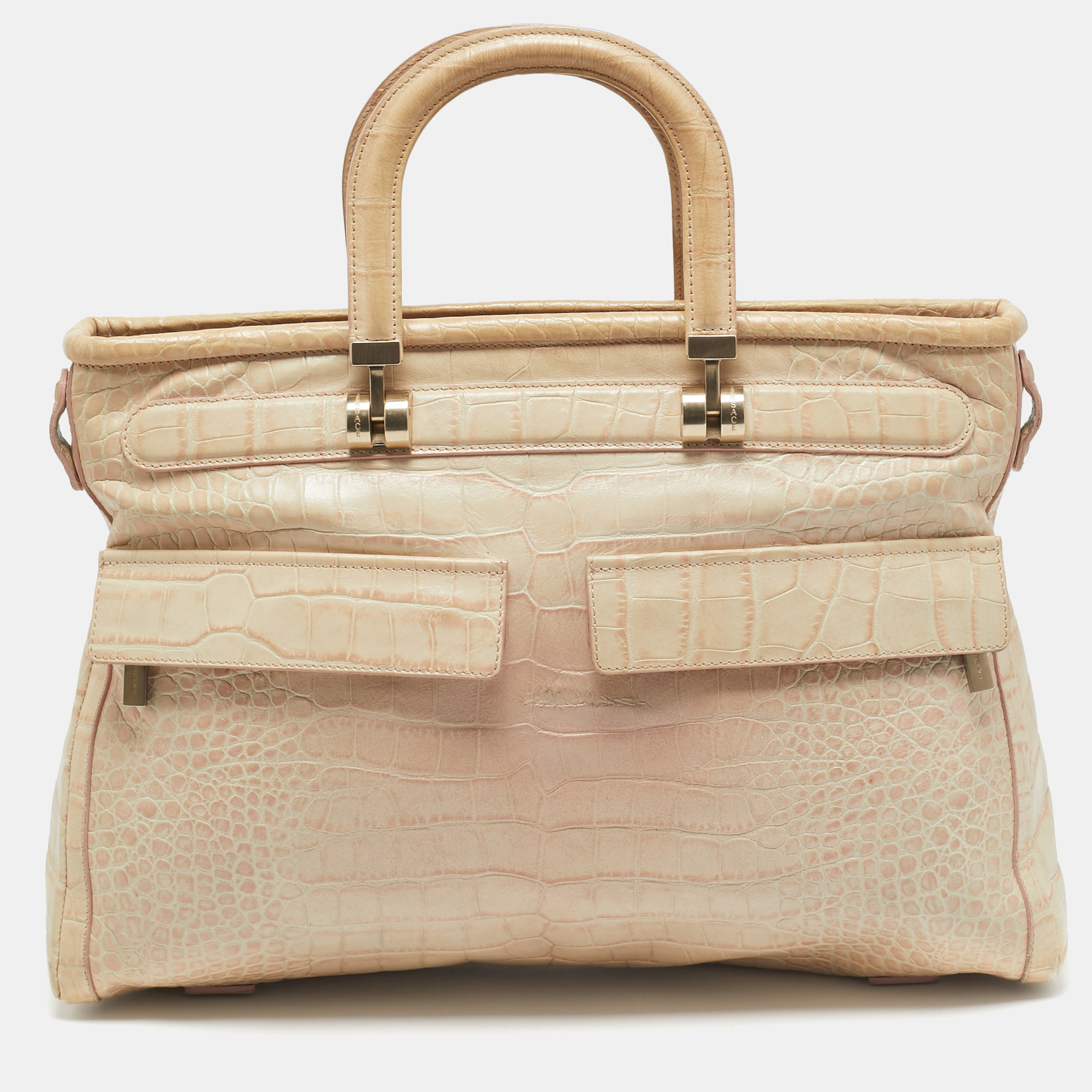 

Versace Beige Croc Embossed Leather Front Pocket Shopper Tote