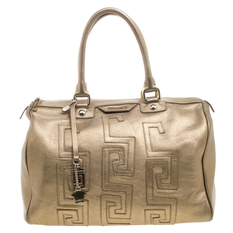 Pre Owned Versace Gold Leather Signature Boston Bag