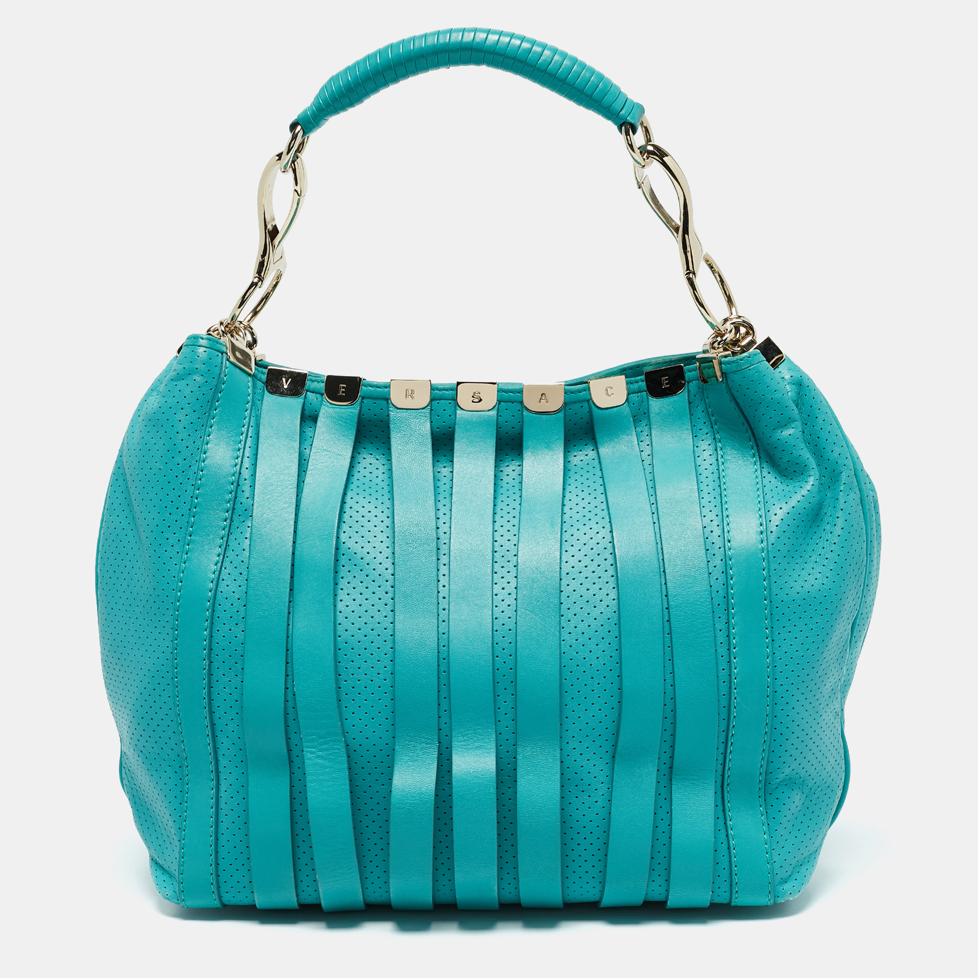 

Versace Turquoise Blue Perforated Leather Striped Detail Hobo