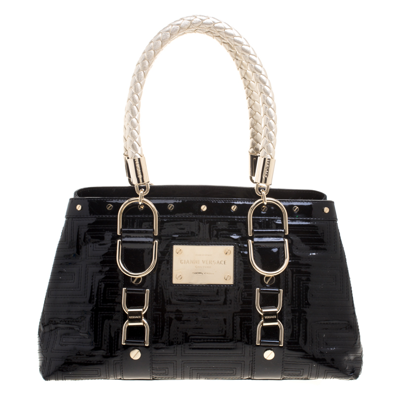 Pre Owned Versace Black Quilted Patent Leather Snap Out Of It Tote