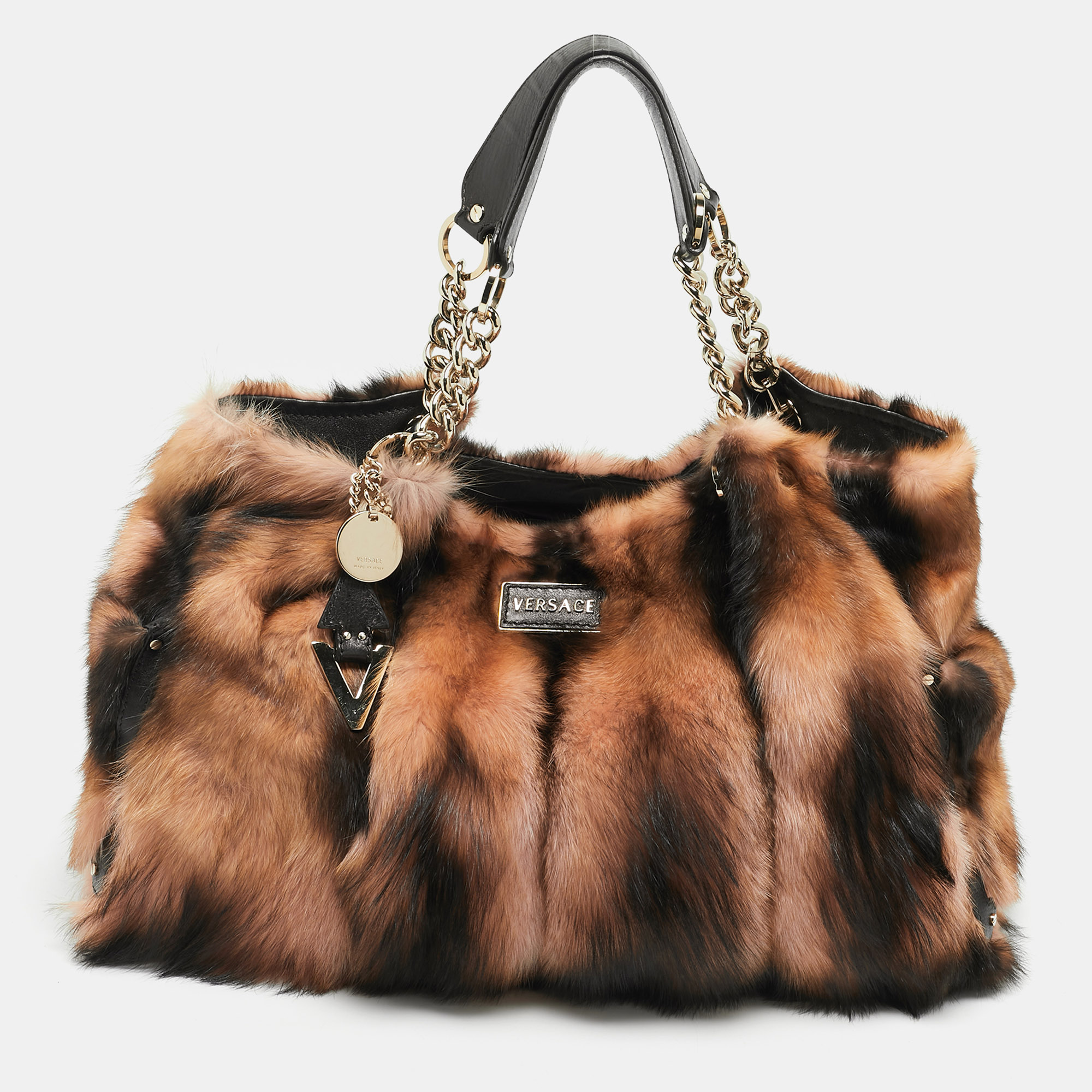 

Versace Peach/Choco Brown Fur and Leather Charm Chain Tote, Orange