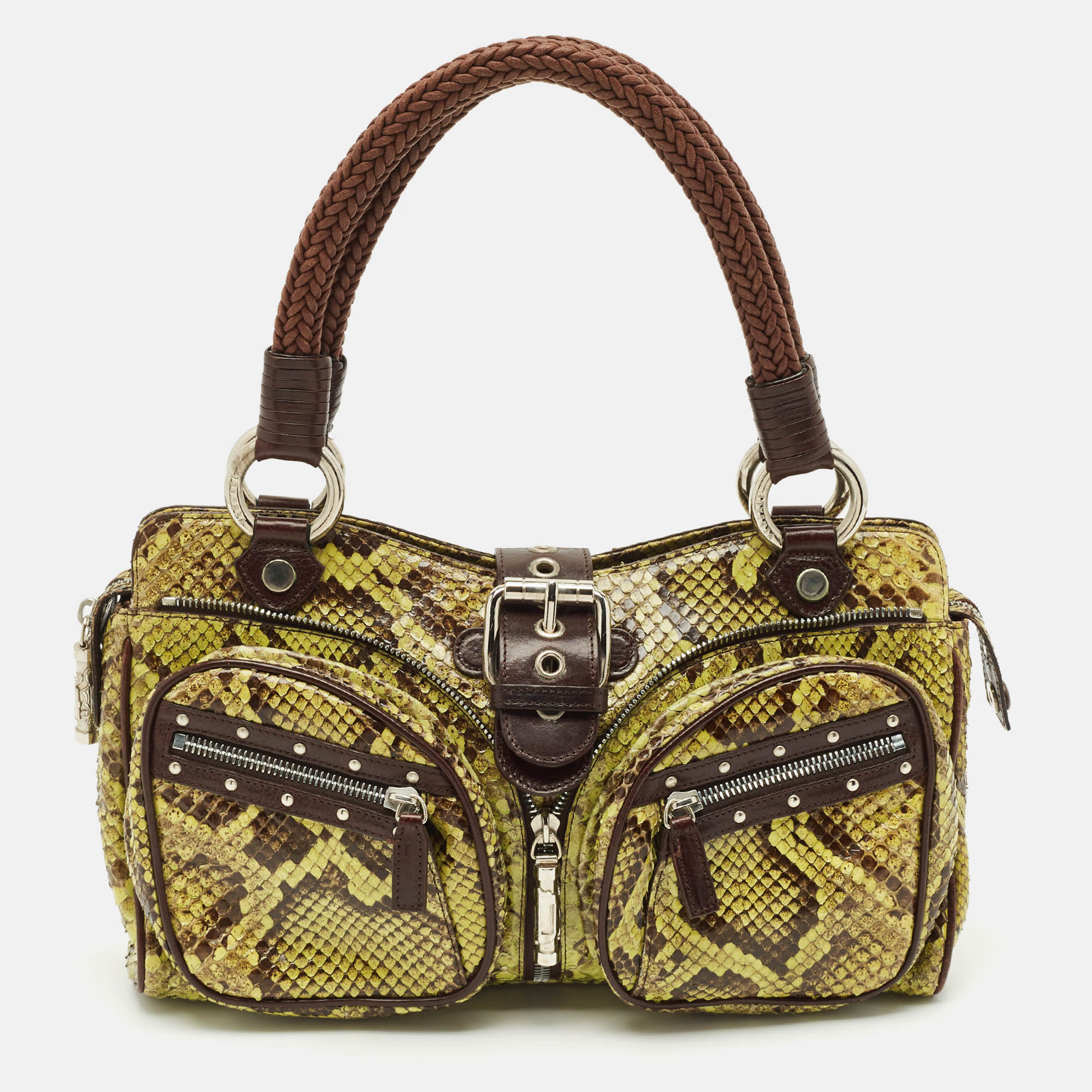 

Versace Green Leather and Python Multiple Pocket Satchel