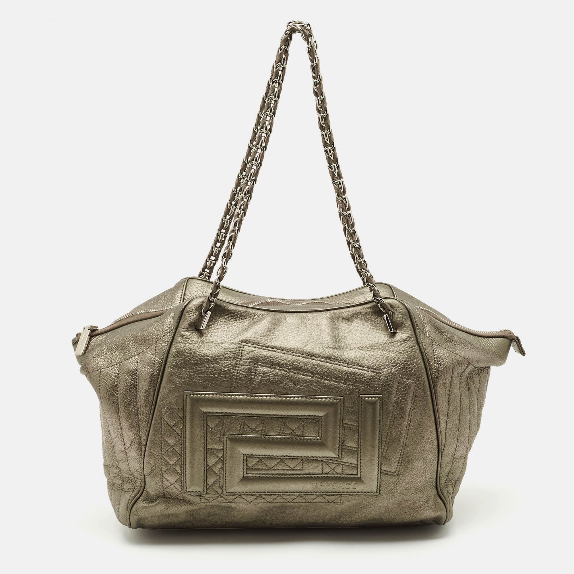

Versace Metallic Greca Embossed Leather Zip Chain Tote