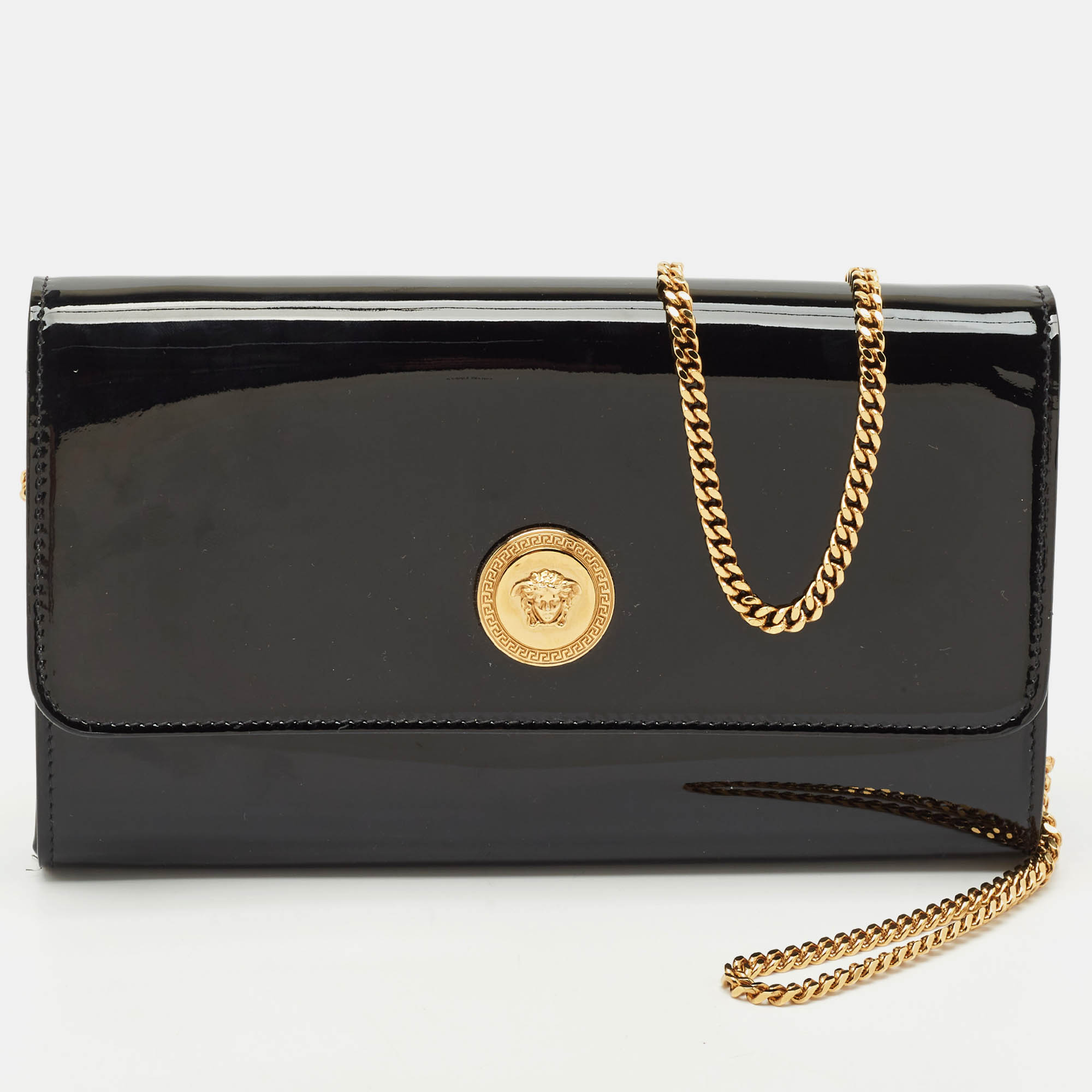 

Versace Black Patent Leather La Medusa Chain Clutch