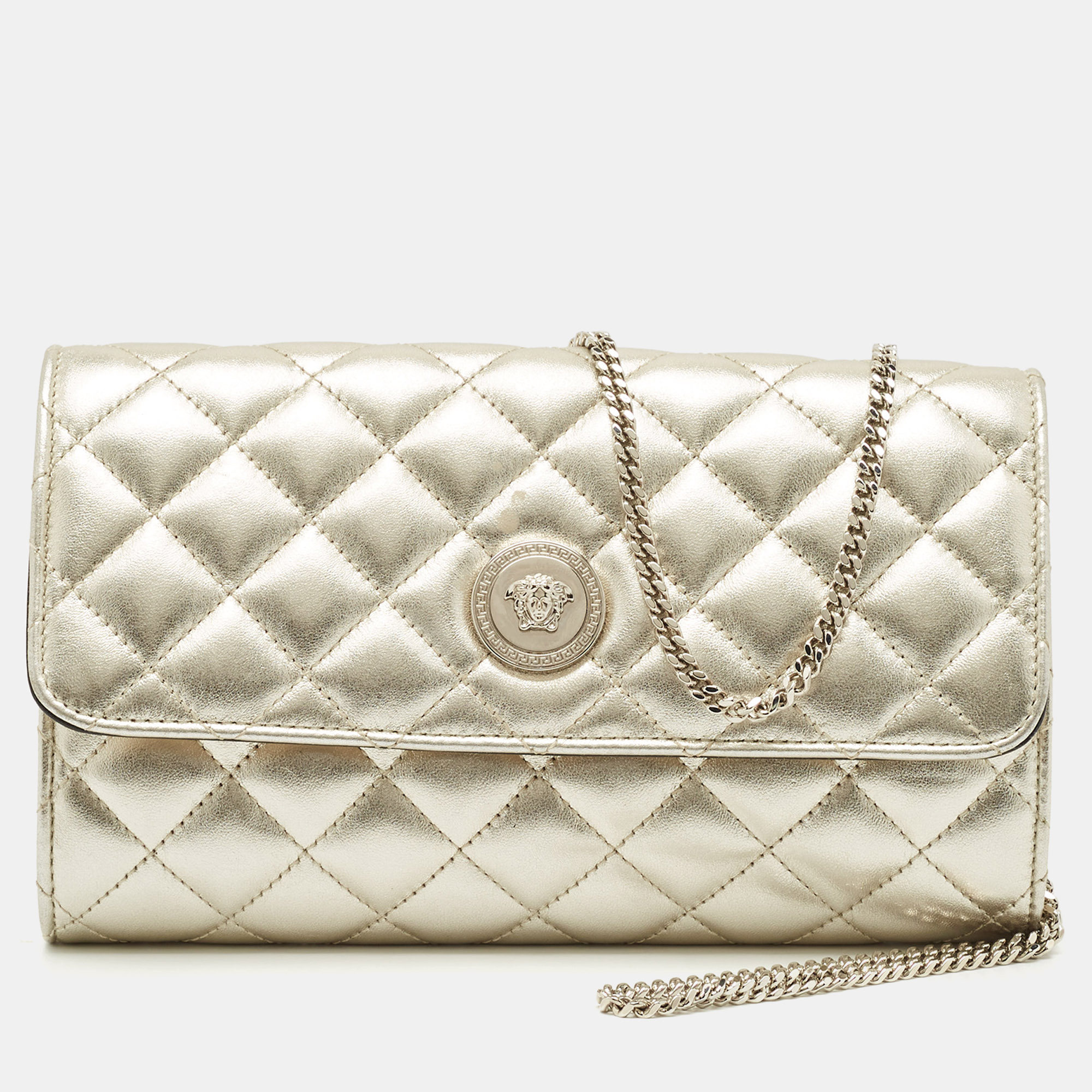 

Versace Pale Gold Quilted Leather Medusa Chain Clutch