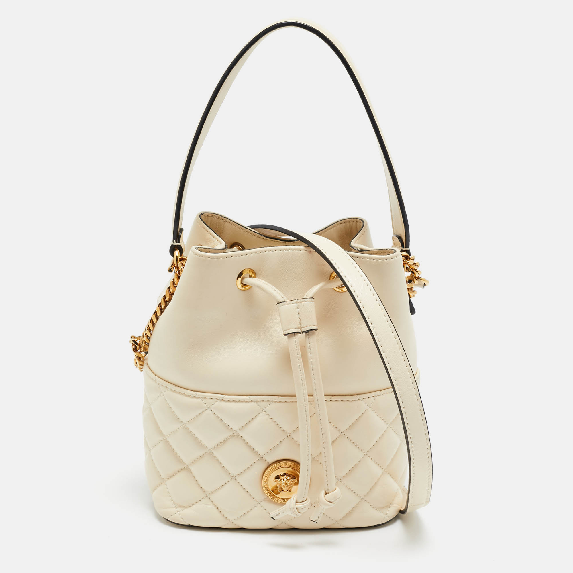 

Versace Cream Quilted Leather Medusa Drawstring Bucket Bag