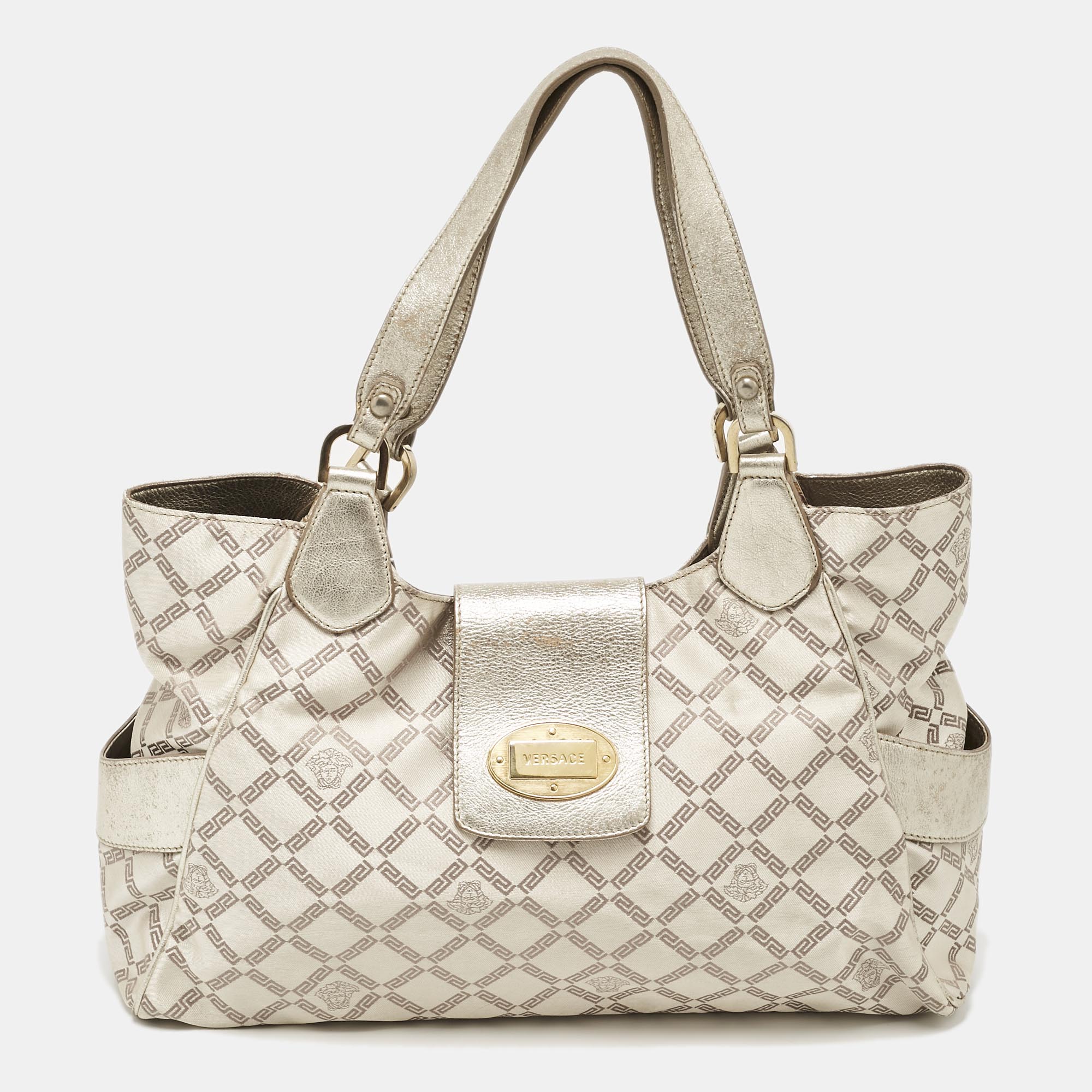

Versace Pale Gold Logo Jacquard Nylon Tote