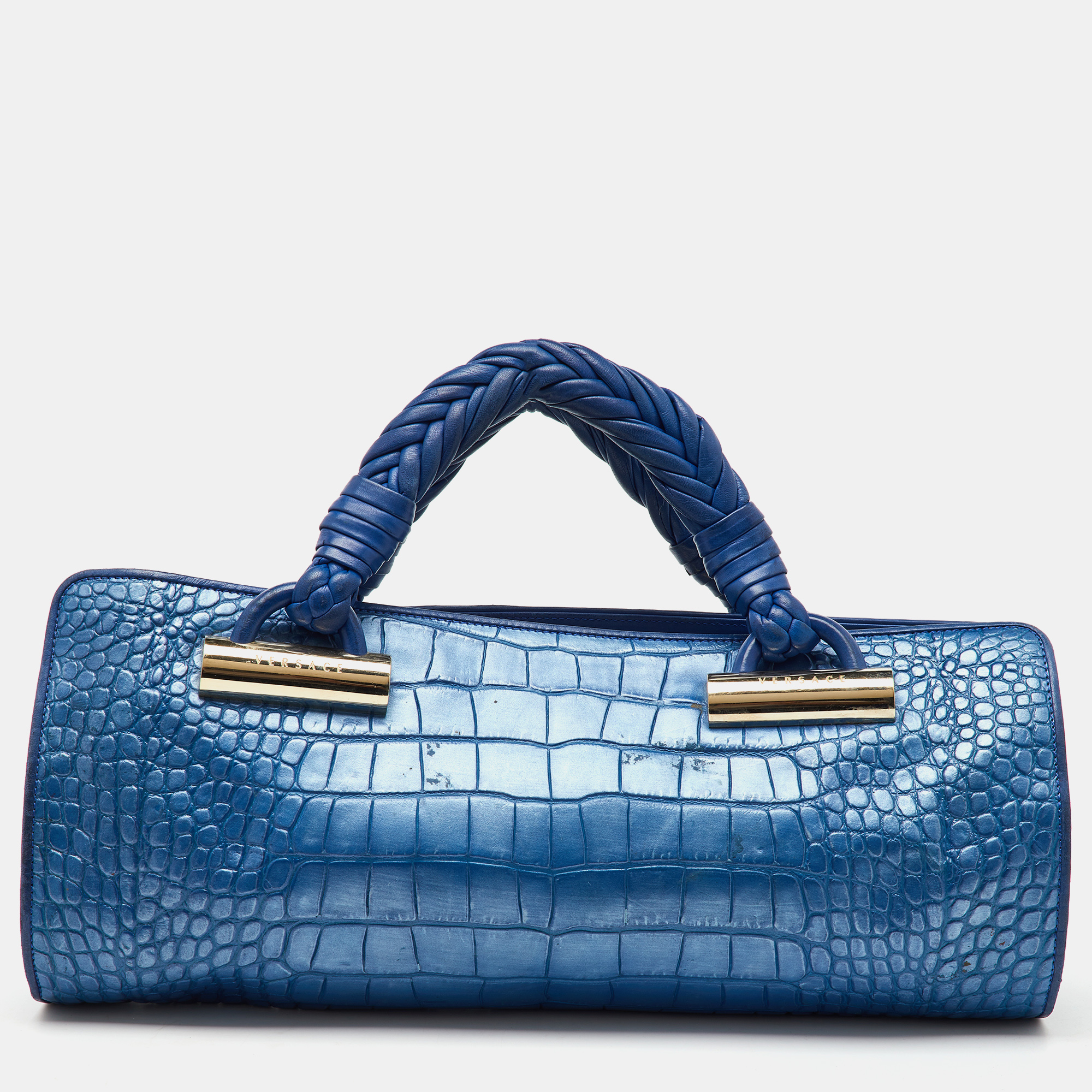 

Versace Metallic Blue Croc Embossed Leather Frame Satchel