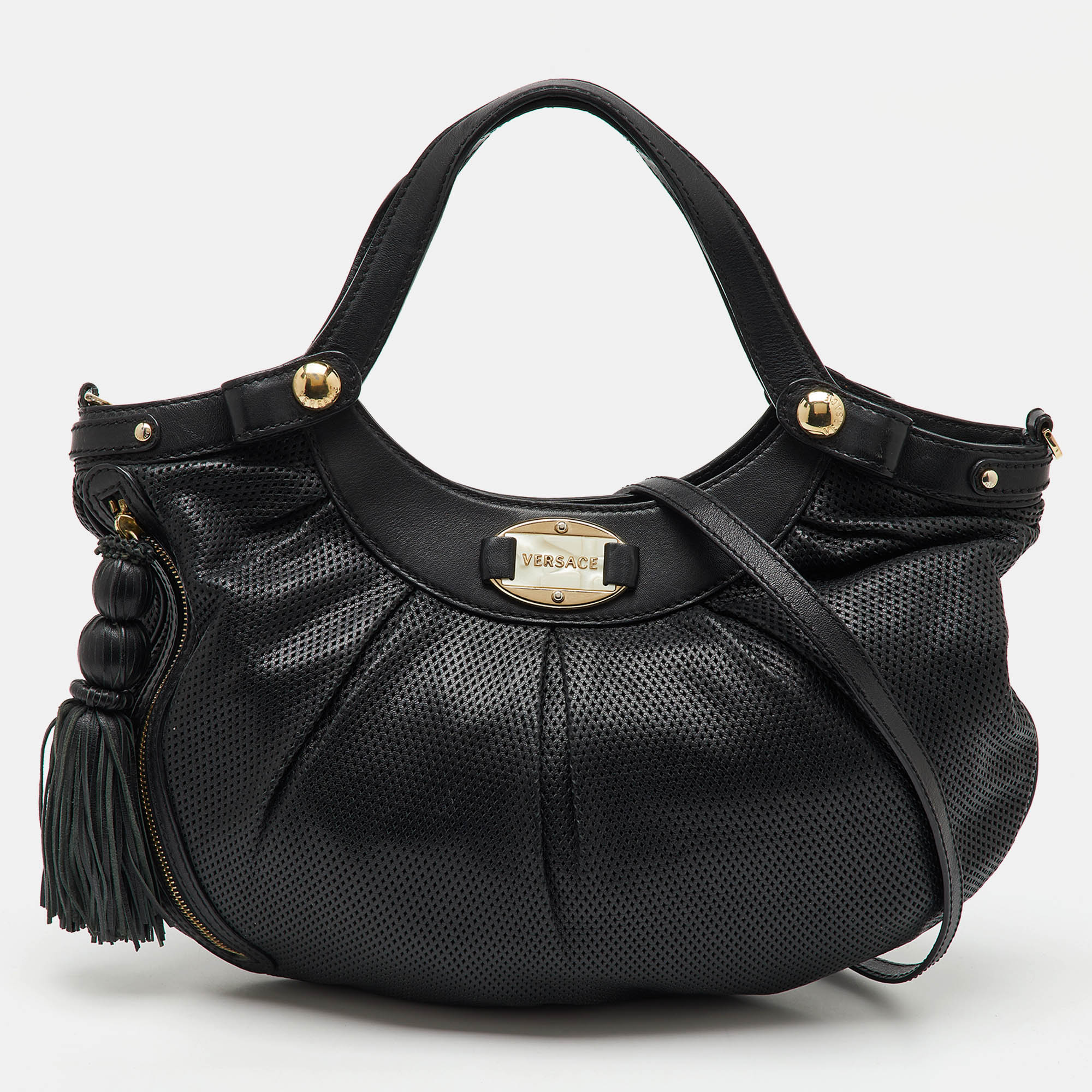 

Versace Black Perforated Leather Tassel Shoulder Bag