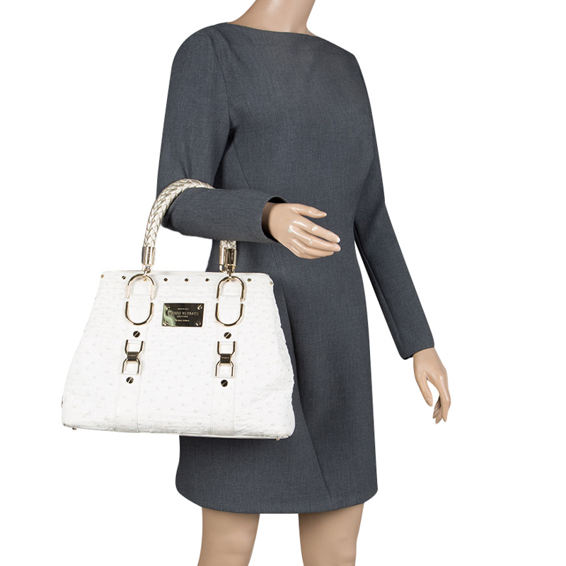 

Versace White Ostrich Leather Snap Out Of It Tote