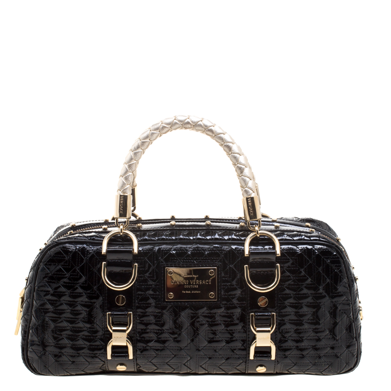 Pre Owned Versace Black Woven Patent Leather Snap Out Of It  Satchel