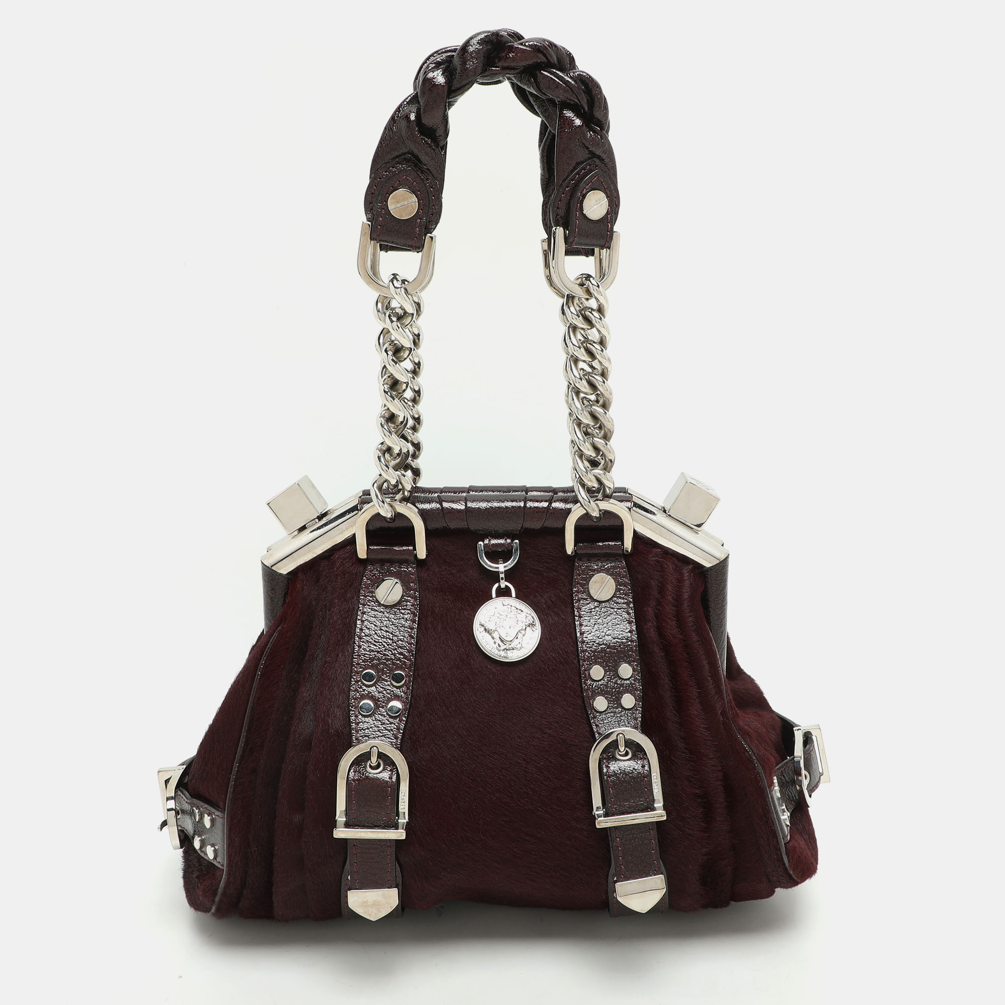 

Versace Burgundy Calf Hair and Patent Leather Madonna Satchel