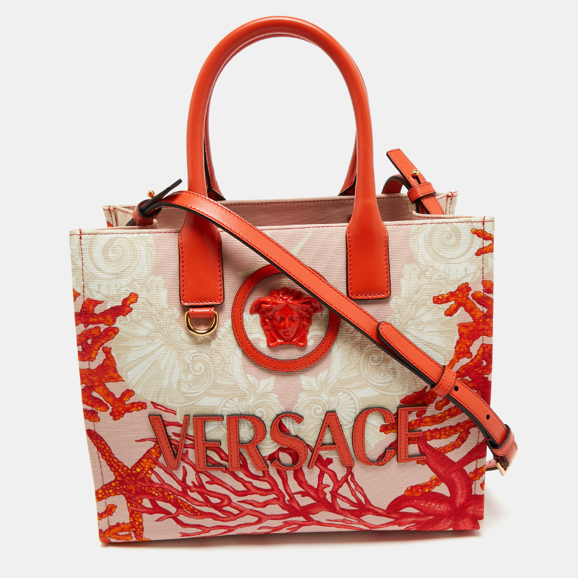 Pre-owned Versace Coral Underwater Barocco Canvas And Leather Small La Medusa Tote In Orange