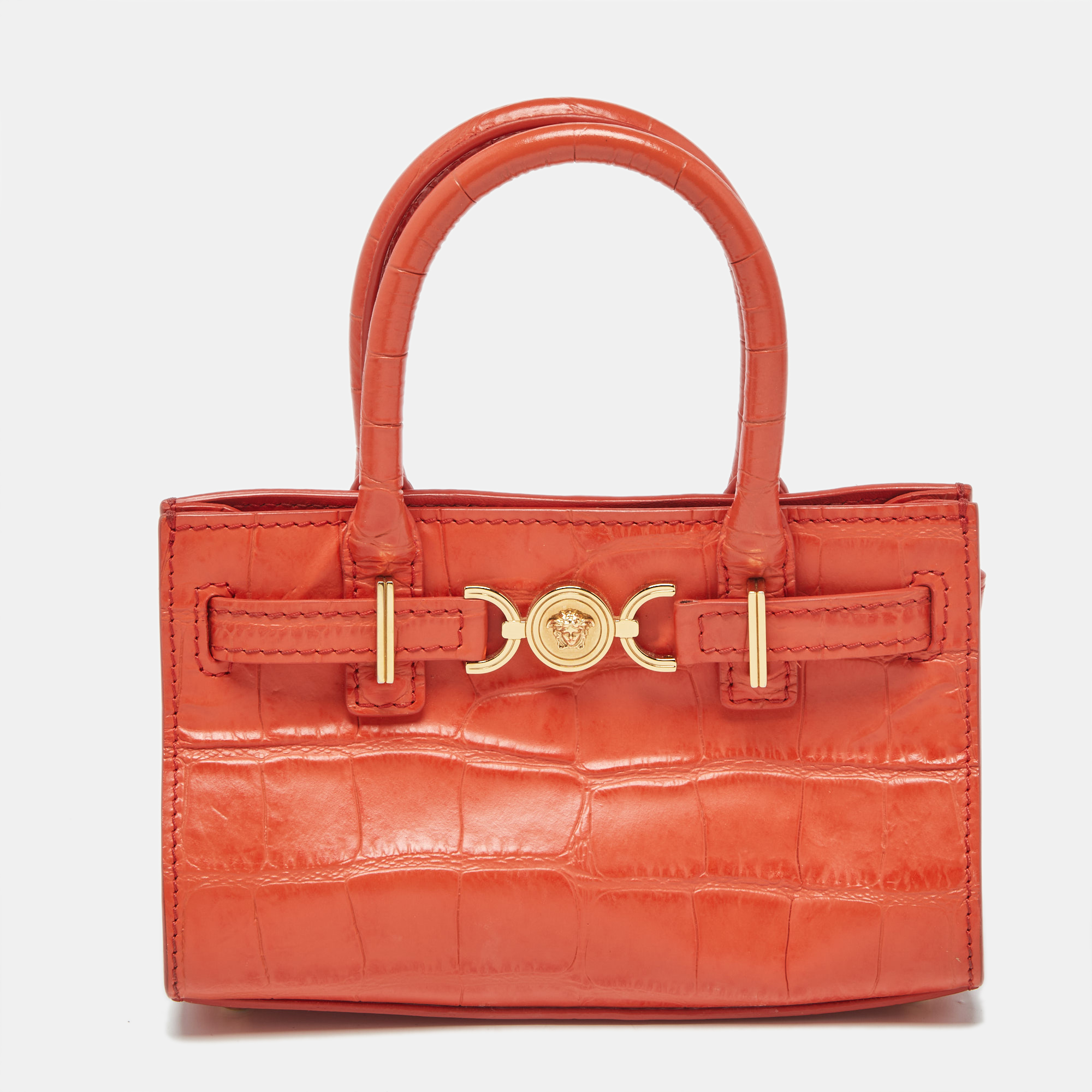 

Versace Orange Croc Embossed Leather Mini Medusa 95 Tote