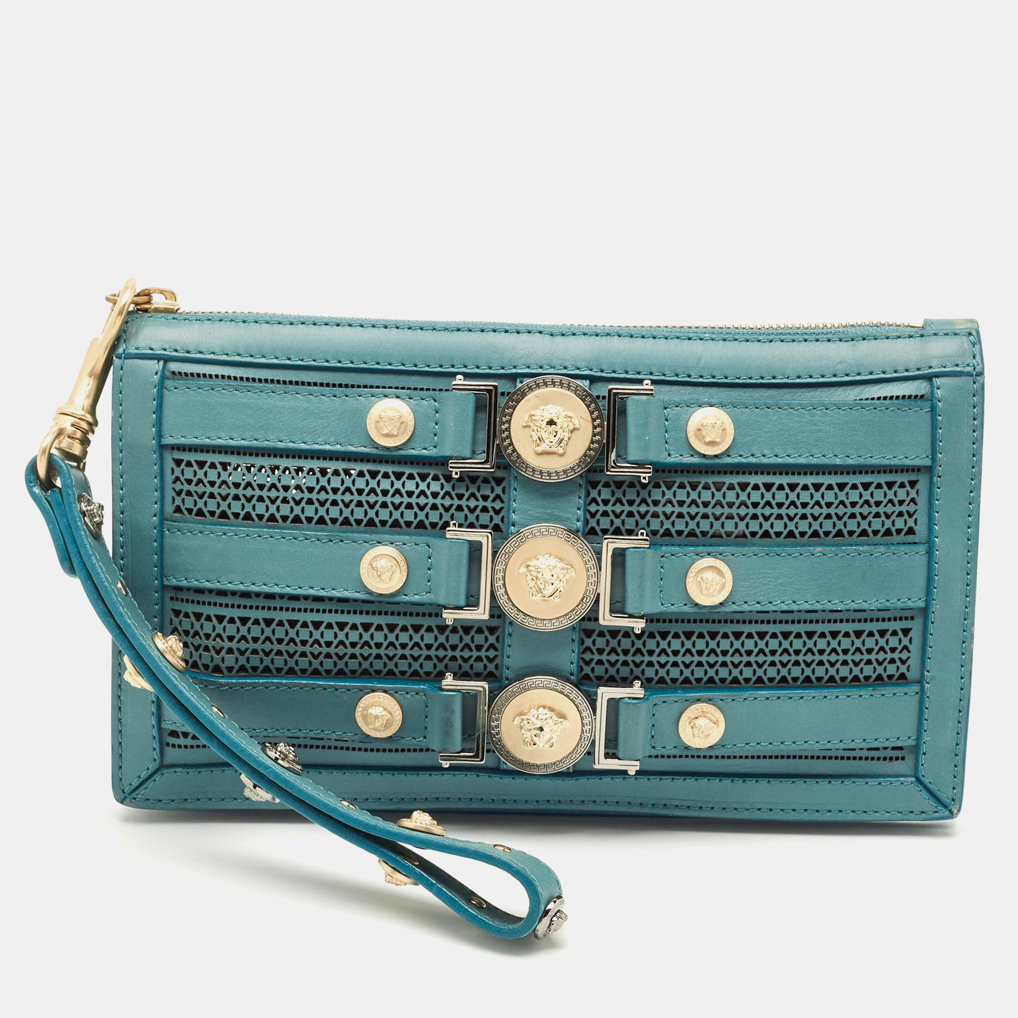 

Versace Stone Blue Leather Medusa Wristlet Pouch