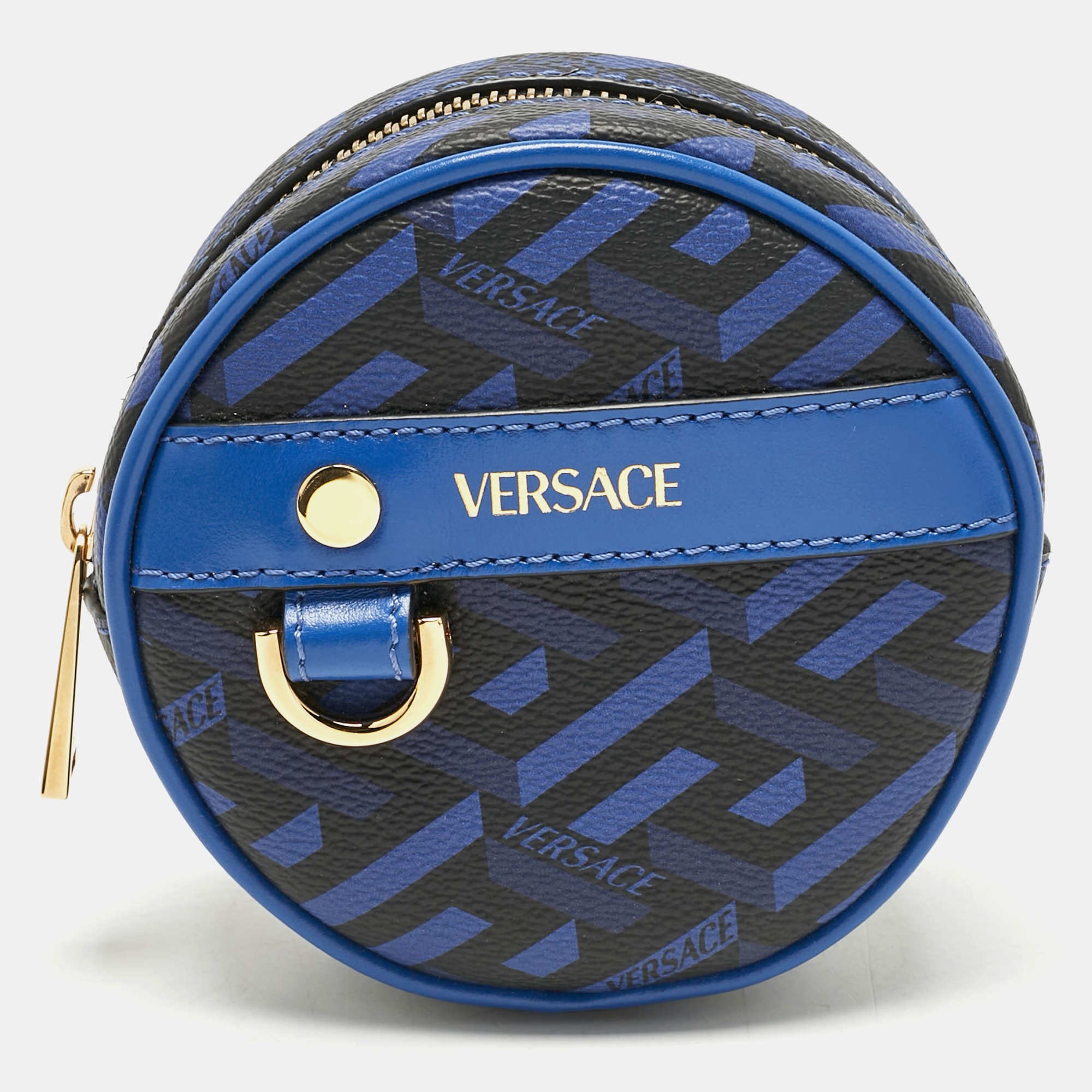 Pre-owned Versace Blue Coated Canvas And Leather La Greca Zip Round Pouch