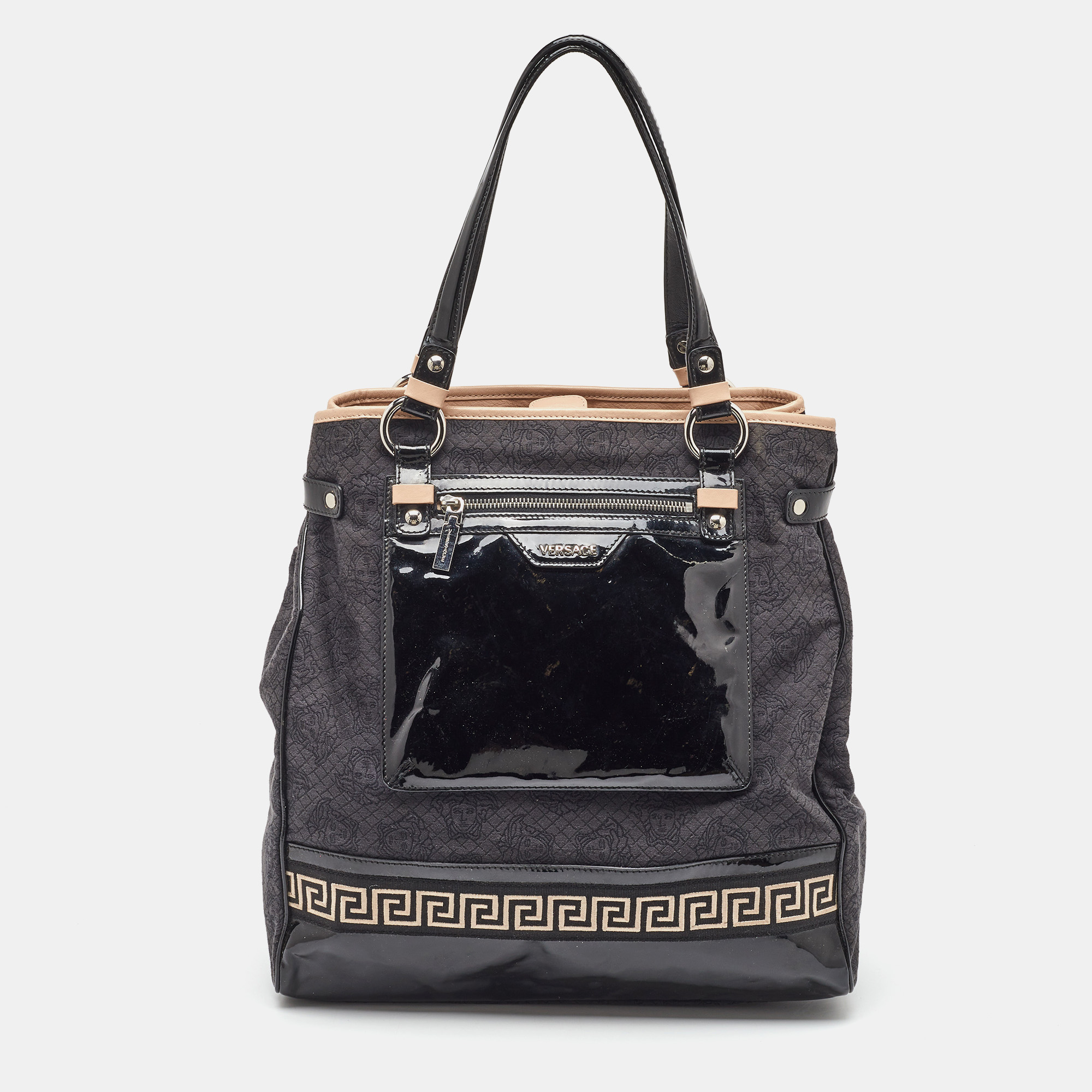 Pre-owned Versace Black/beige Medusa Print Fabric And Patent Leather Front Pocket Tote