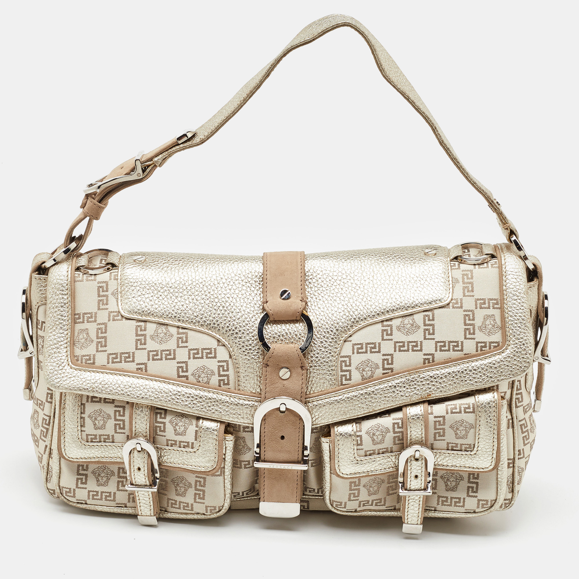 

Versace Beige/Metallic Signature Canvas and Leather Double Pocket Flap Bag