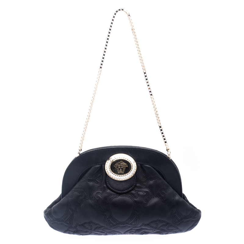 Pre Owned Versace Black Leather Frame Clutch