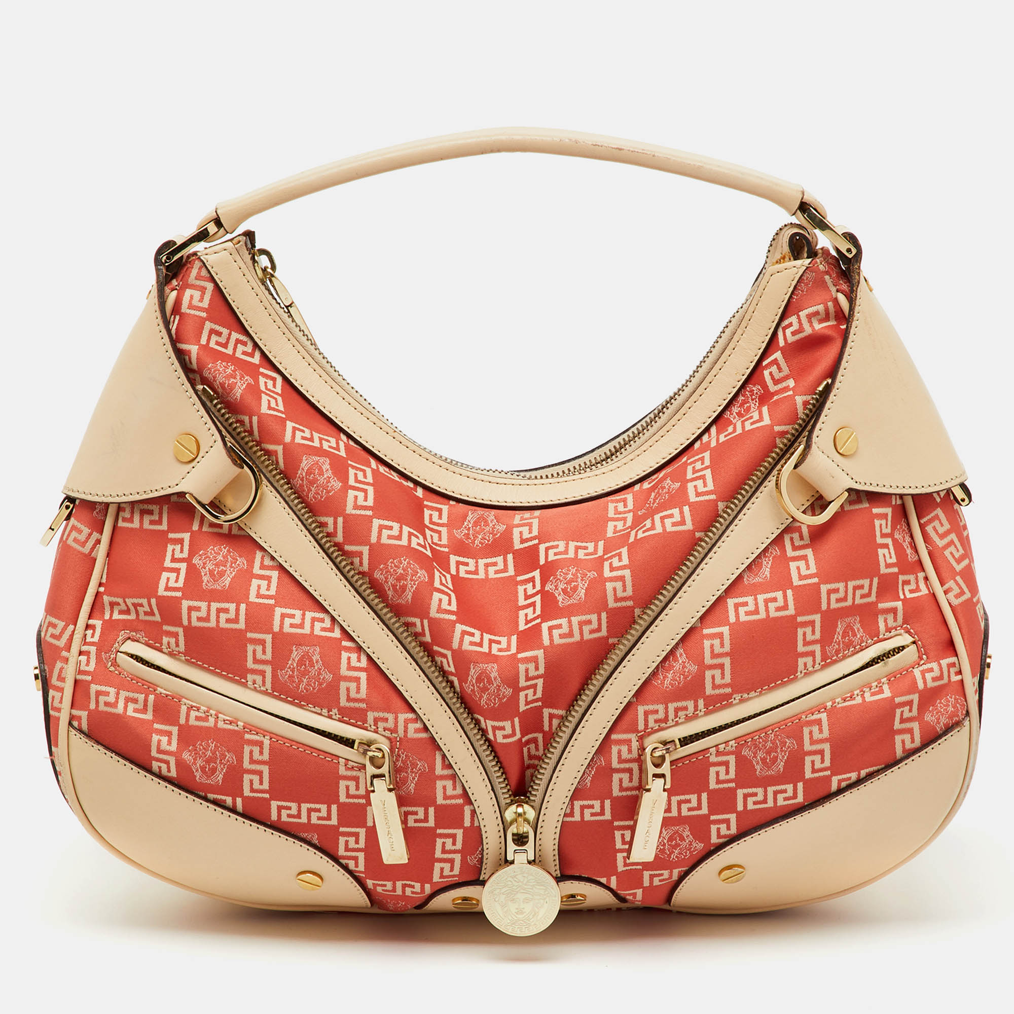 Pre-owned Versace Beige/orange Signature Canvas And Leather Medusa Repeat Hobo In Sand
