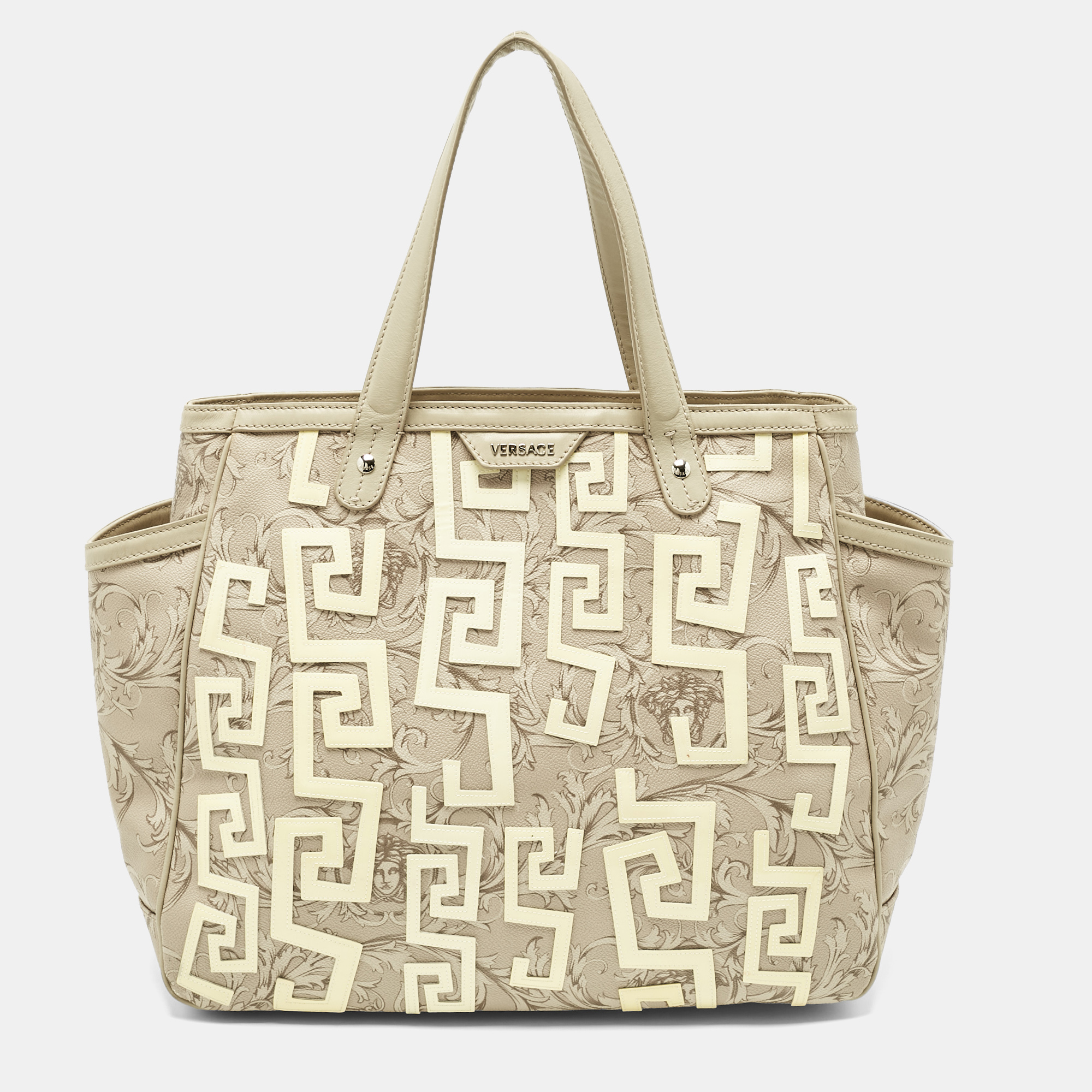 Pre-owned Versace Beige/cream Coated Canvas And Leather Barocco Tote In Sand