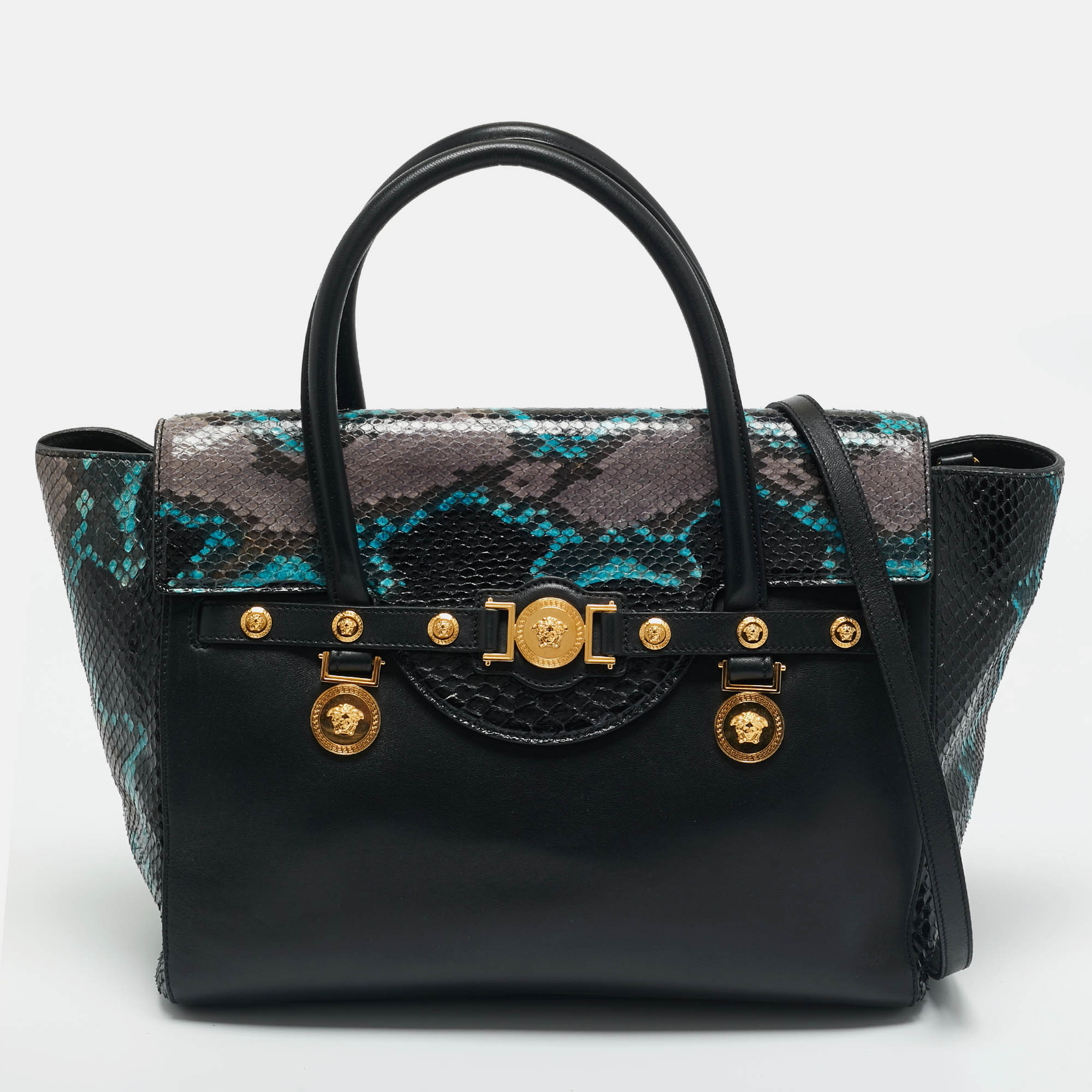 Pre-owned Versace Black Leather And Python Medusa Medallion Tote