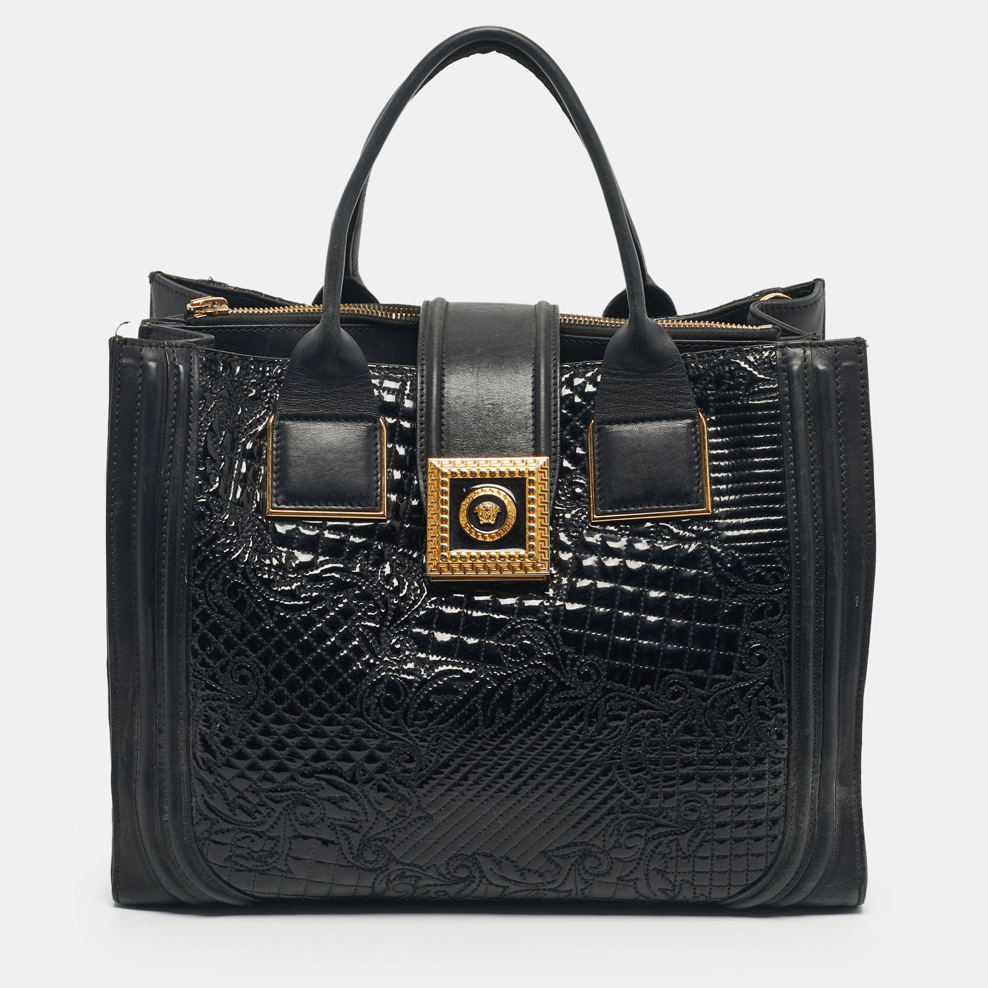 

Versace Black Leather and Patent Leather Vanitas Icon Tote