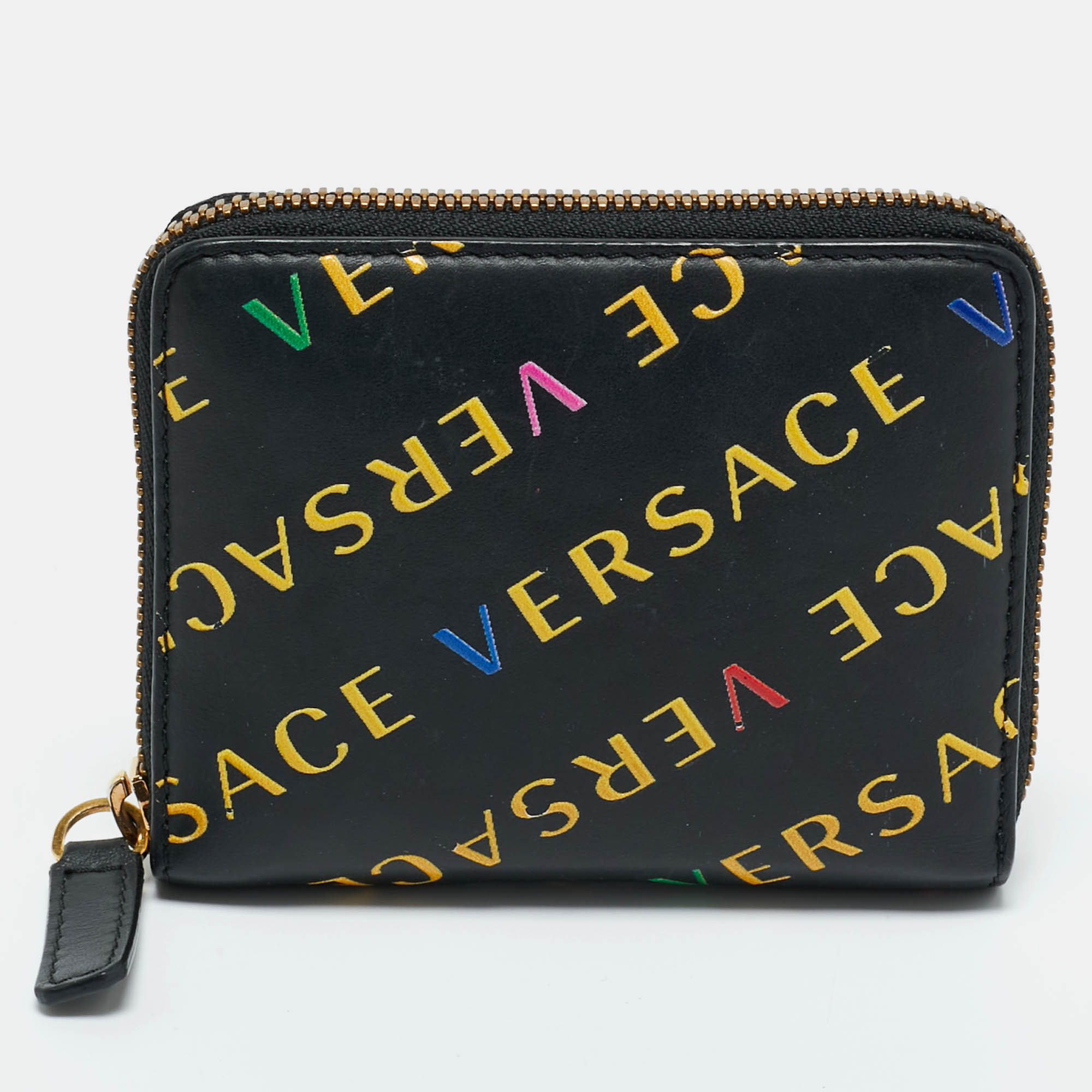 

Versace Black/Yellow Leather Logo Zip Compact Wallet