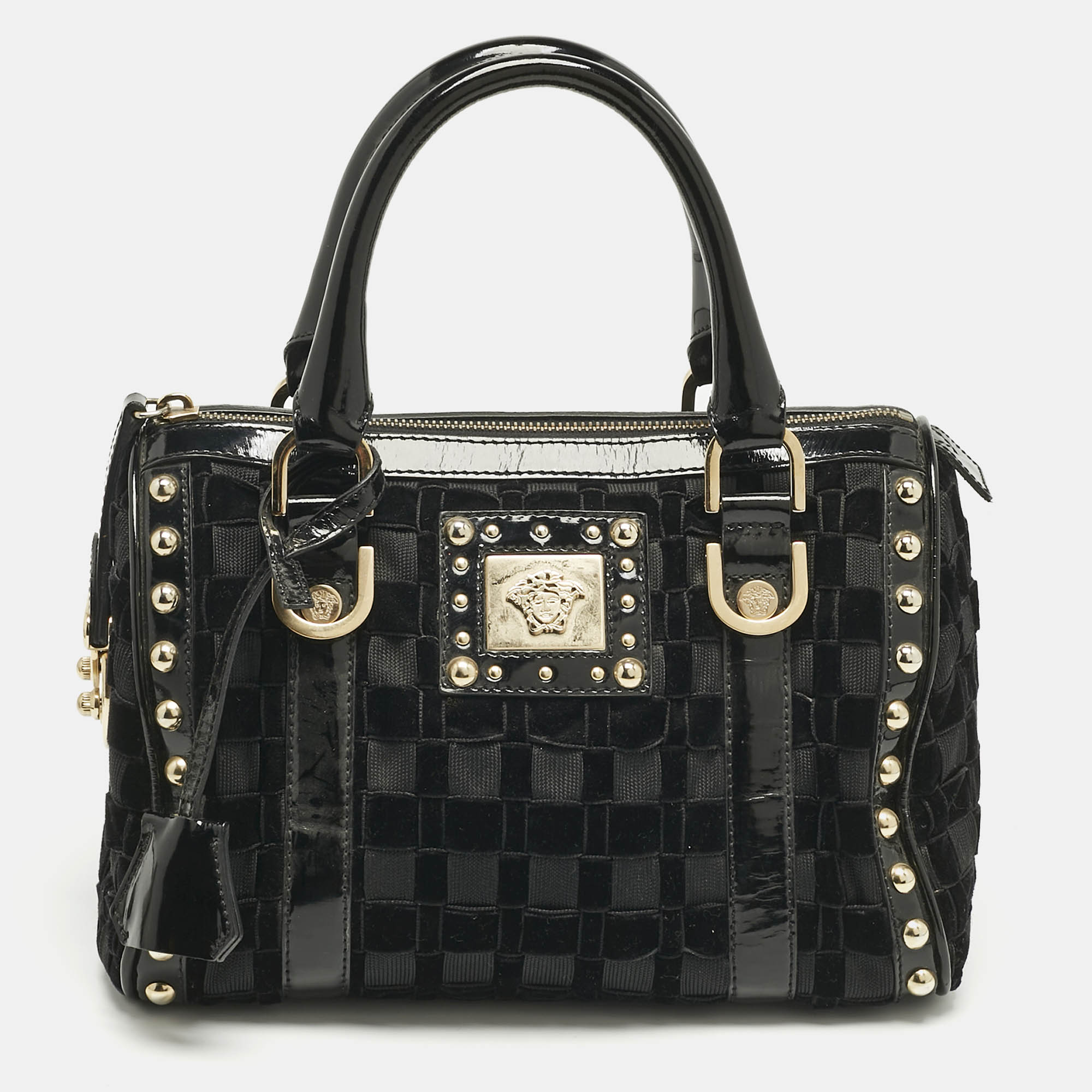 Pre-owned Versace Black Woven Velvet And Patent Leather Small Studded Snap Out Of It Satchel