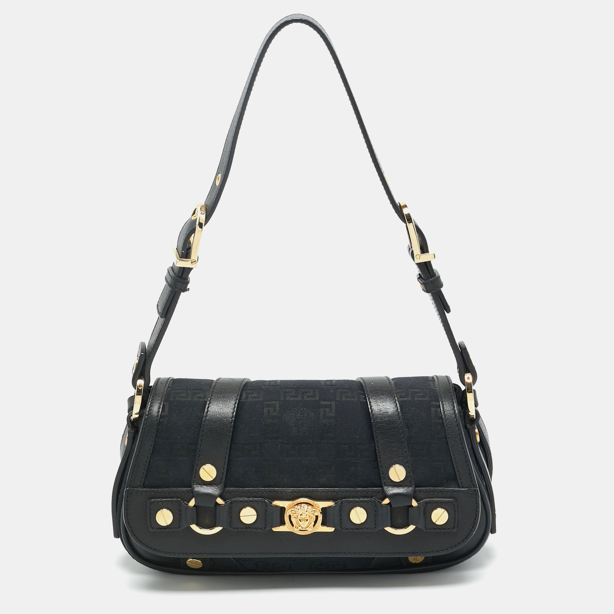 

Versace Black Monogram Fabric and Leather Medusa Studded Shoulder Bag