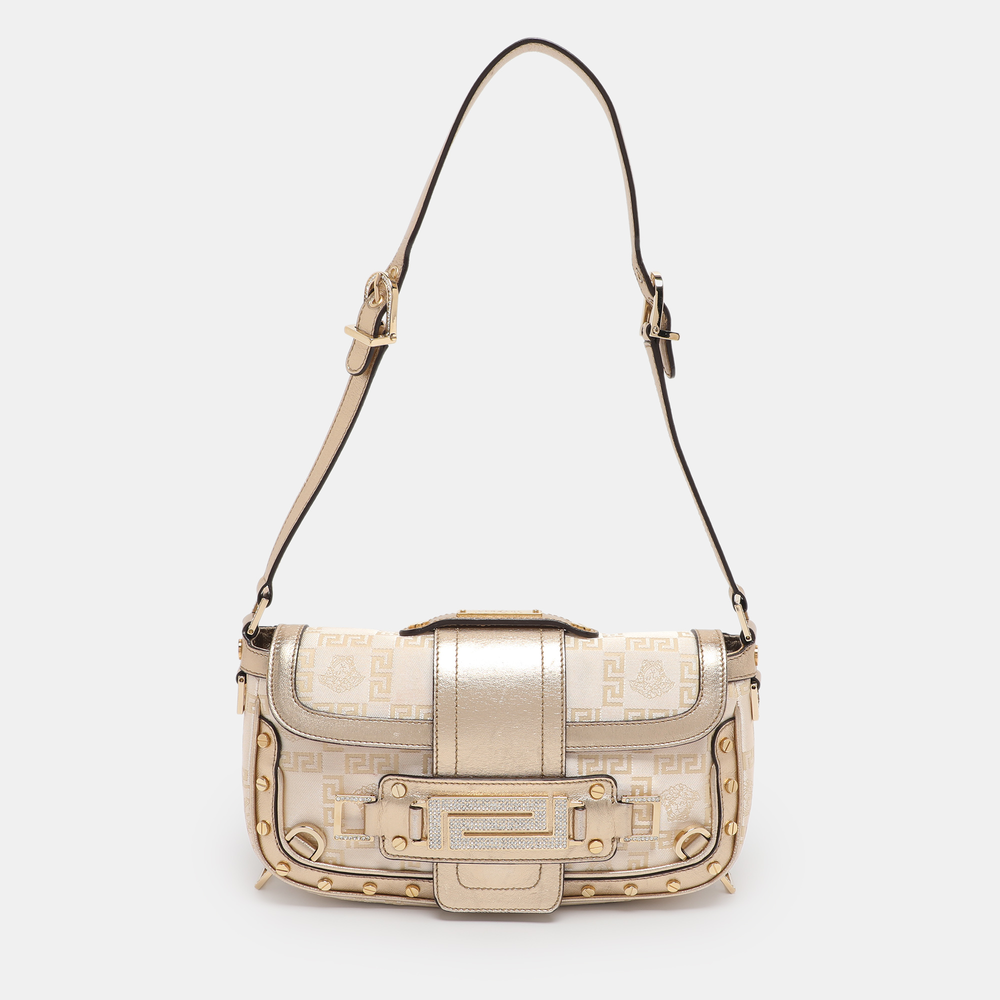 

Versace Metallic Canvas and Leather Crystal Embellished Shoulder Bag