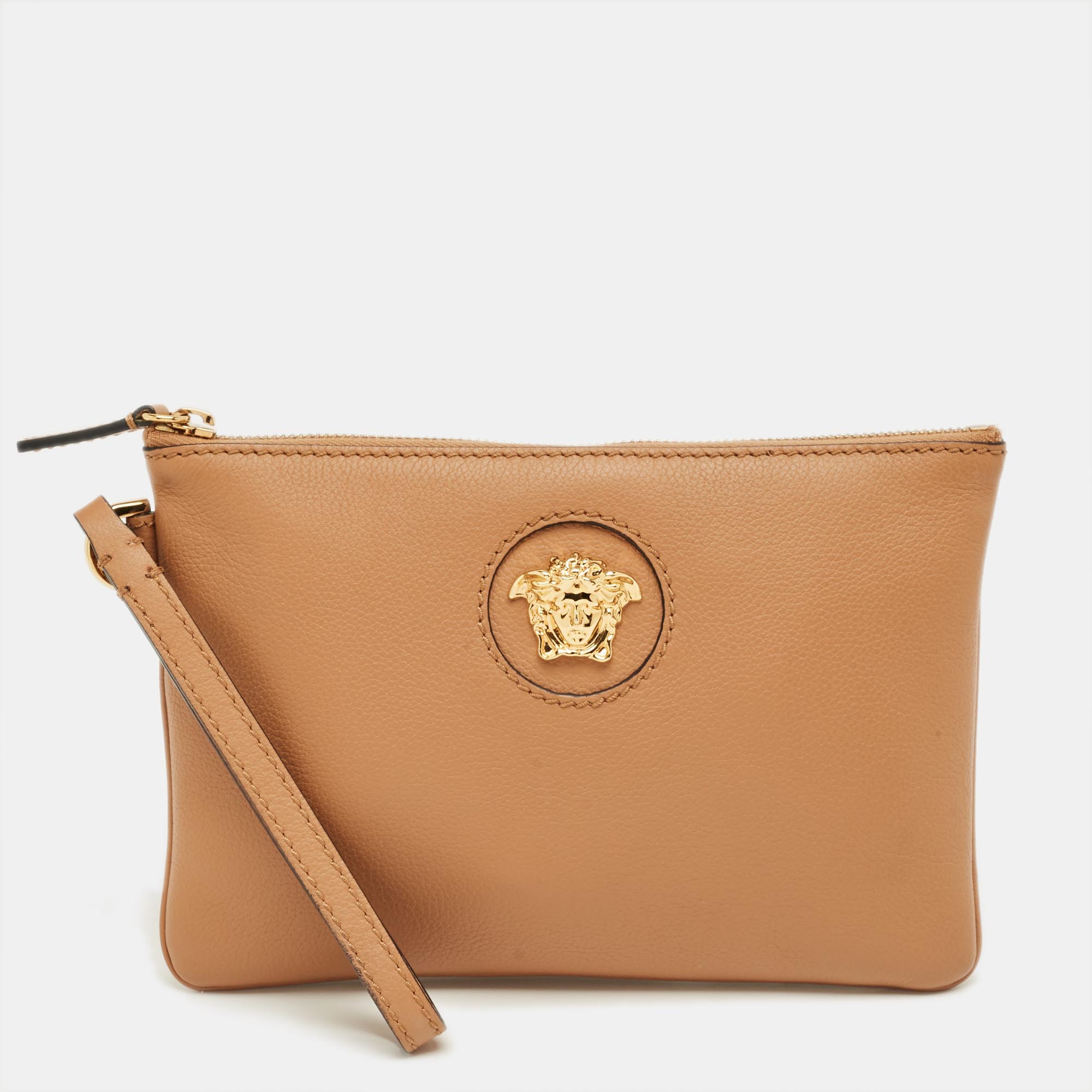 Pre-owned Versace Brown Leather Medusa Wristlet Pouch