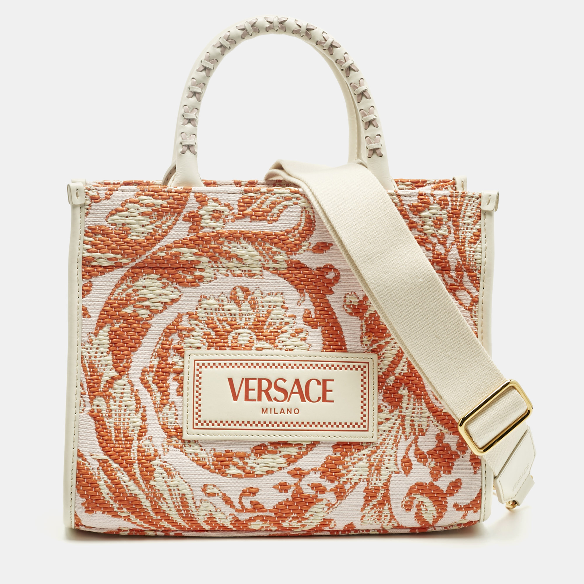 

Versace Orange/Pink Canvas and Raffia Small Barocco Athena Tote