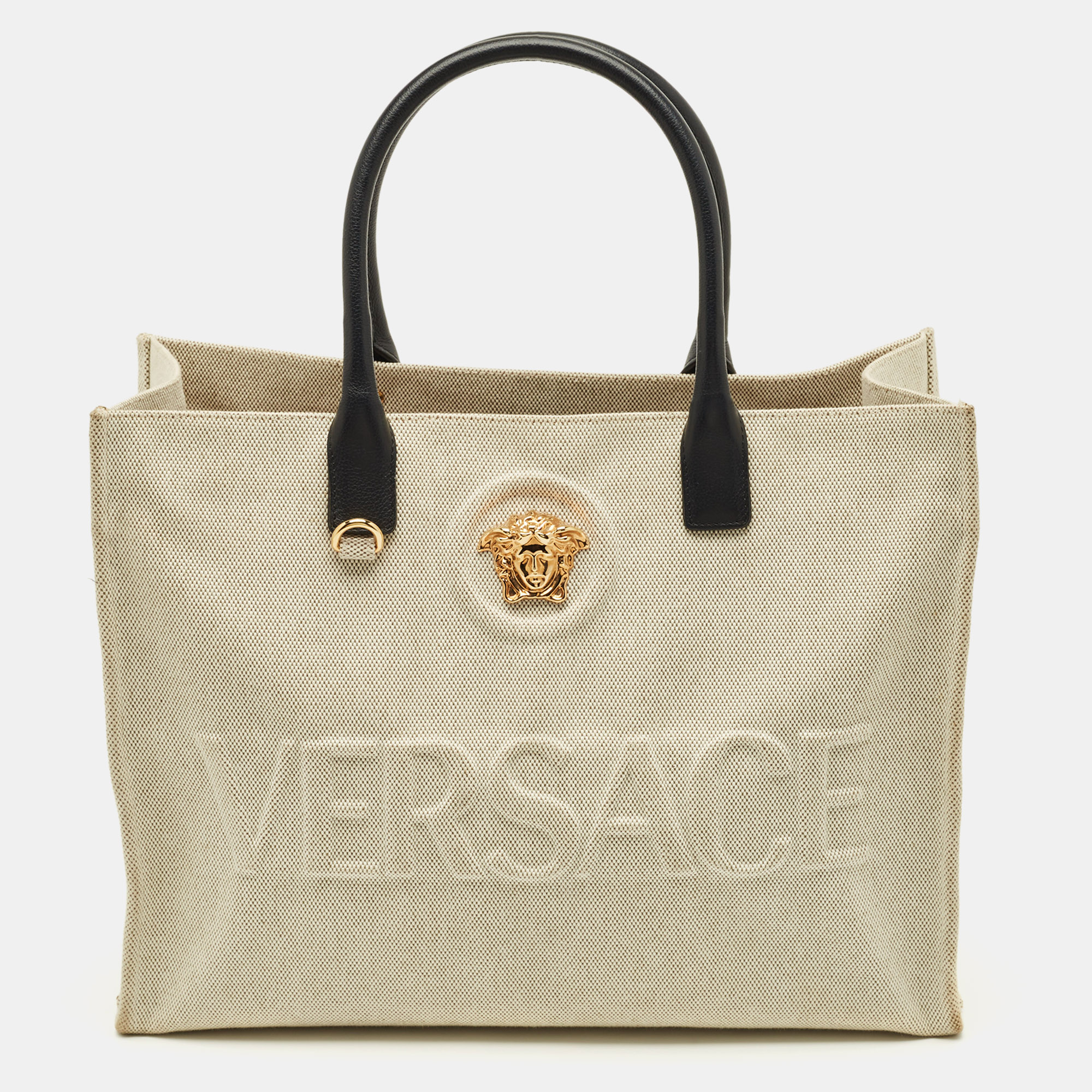 Pre-owned Versace La Medusa Beige/black Canvas Tote In Sand