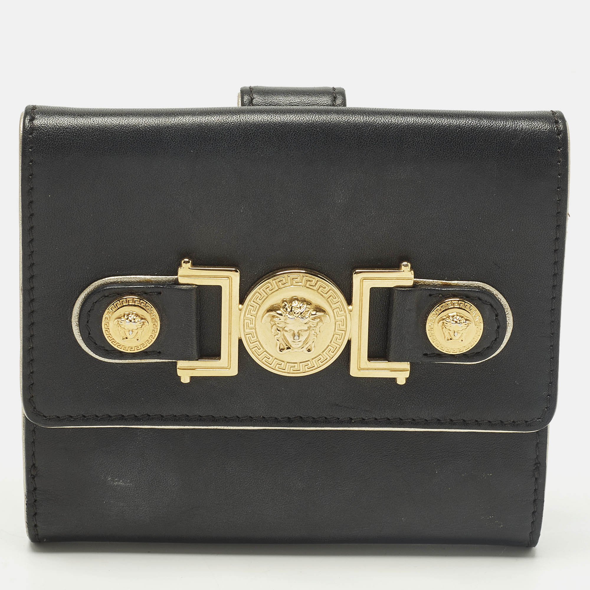 Pre-owned Versace Medusa Black Leather French Wallet