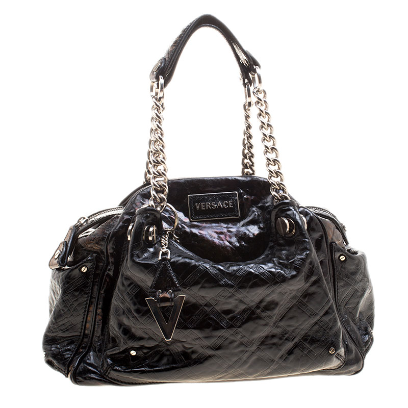 Versace Holographic Black Textured Patent Leather Satchel