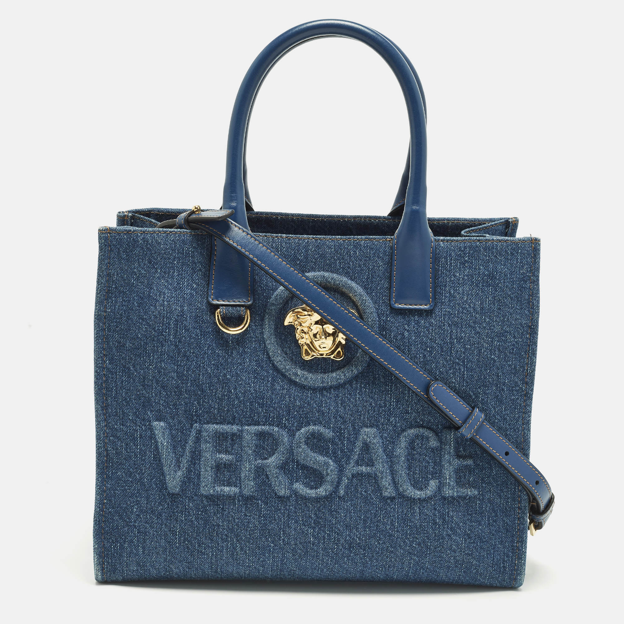 Pre-owned Versace La Medusa Small Blue Denim Tote