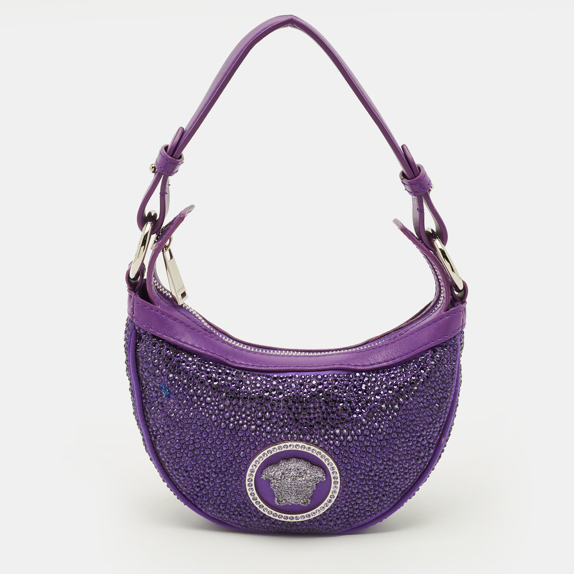 

Versace Repeat Crystal Studded Mini Purple Satin Hobo