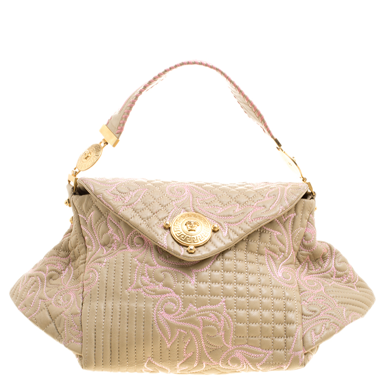 Versace Beige/Pink Quilted Barocco Leather Top Handle Bag