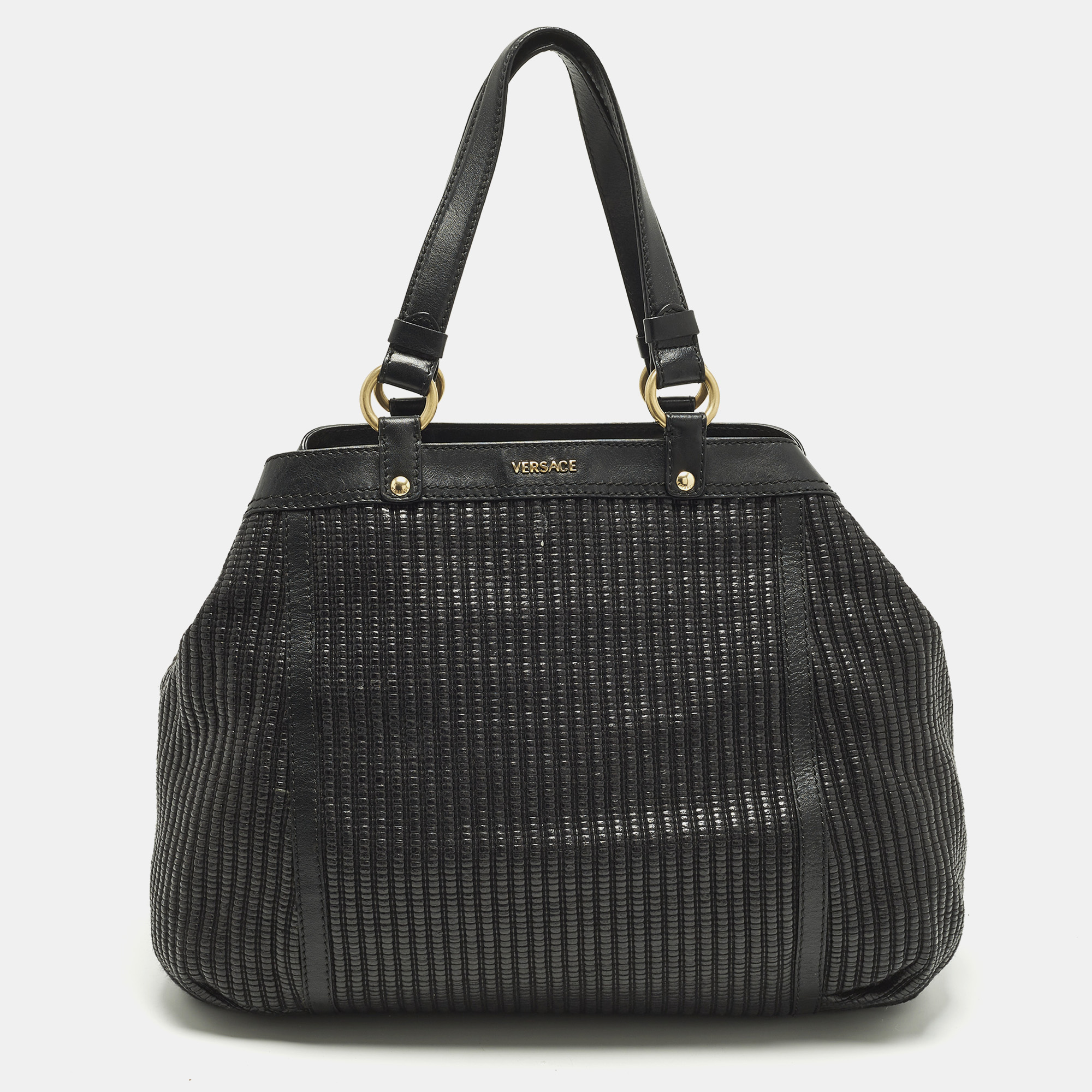 

Versace Stripe Black Leather and Raffia Trim Tote