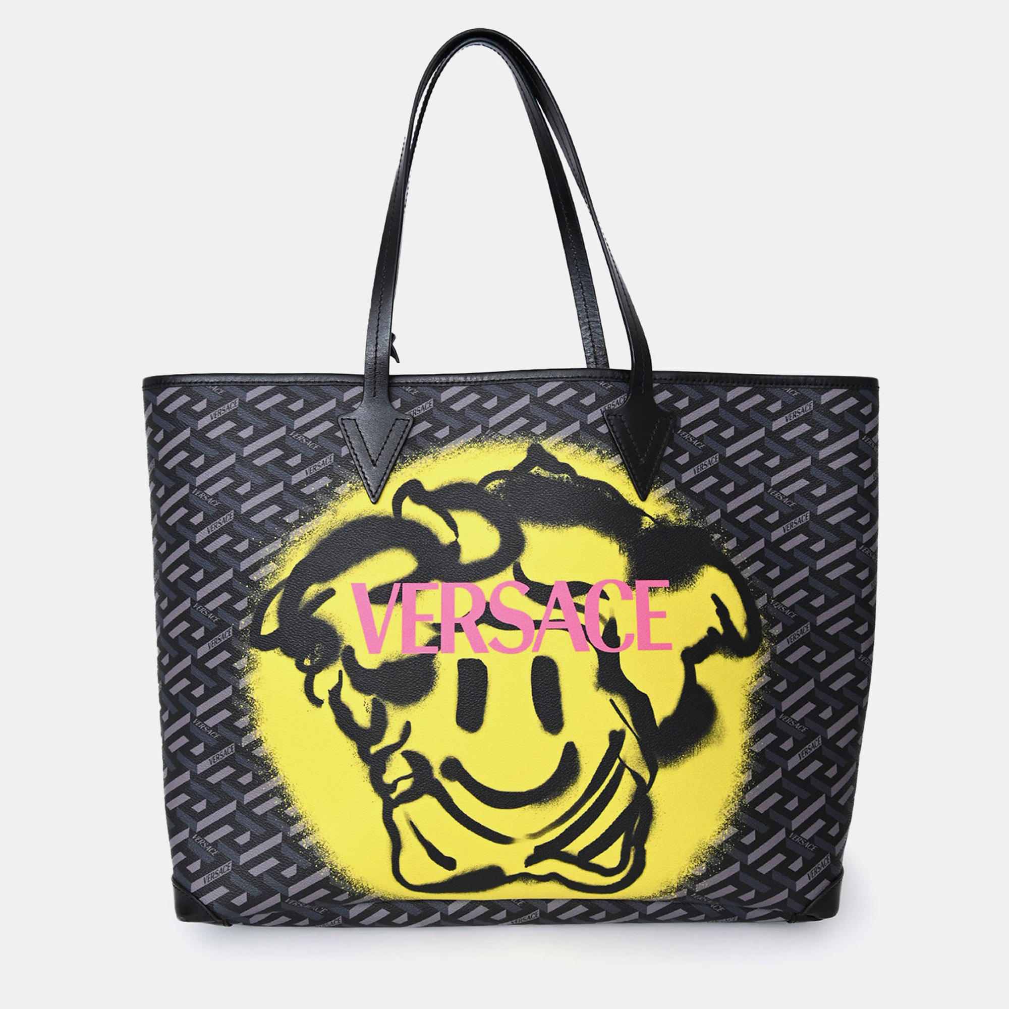 Pre-owned Versace Grey La Greca Canvas Smiley Medusa Tote Bag With Pouch In Gray