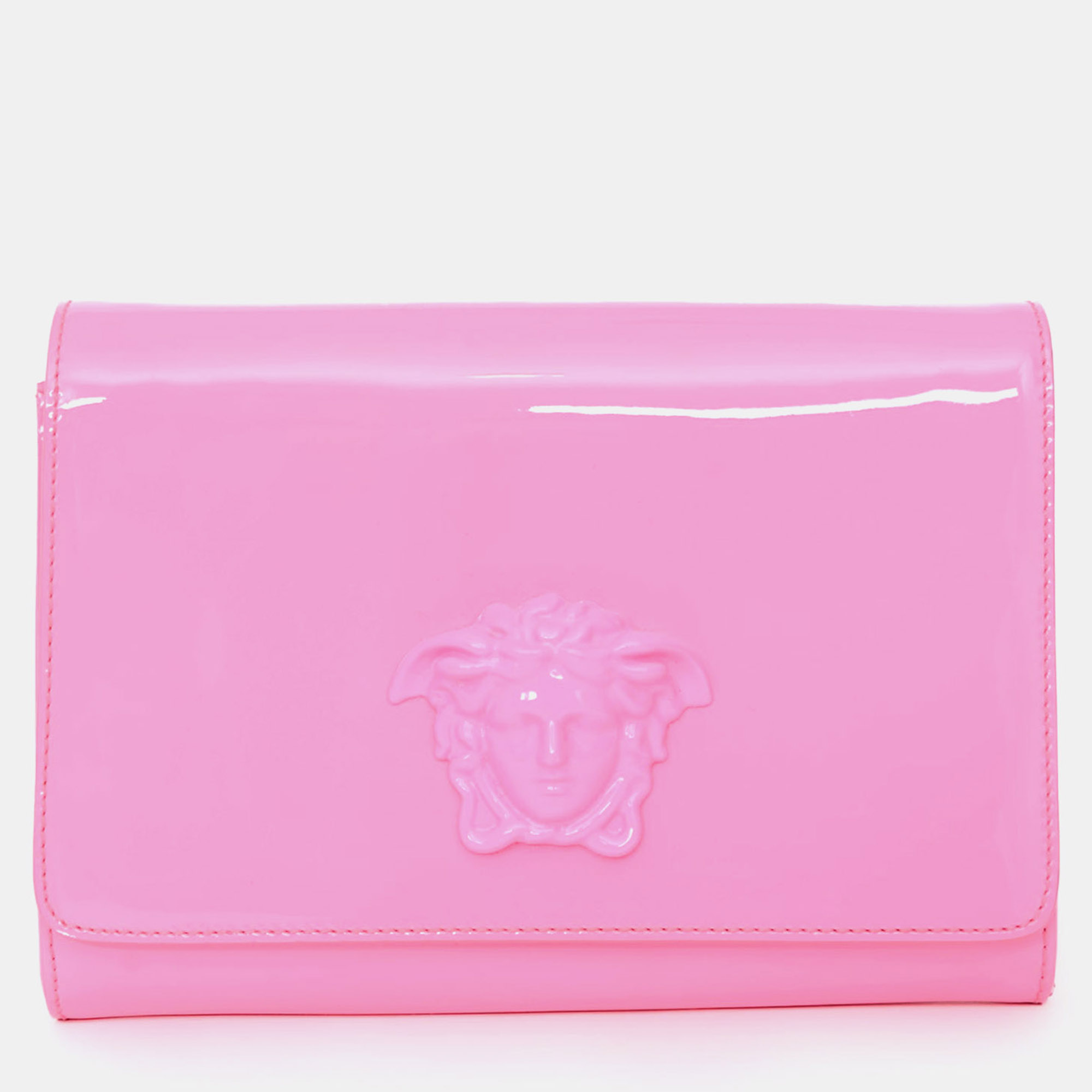 Pre-owned Versace Hot Pink Patent Leather Medusa Clutch With Chain