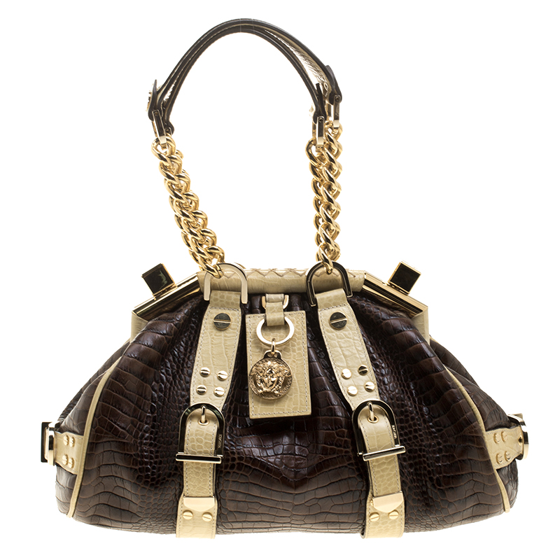 Versace Brown/Cream Croc Embossed Leather Madonna Boston Bag