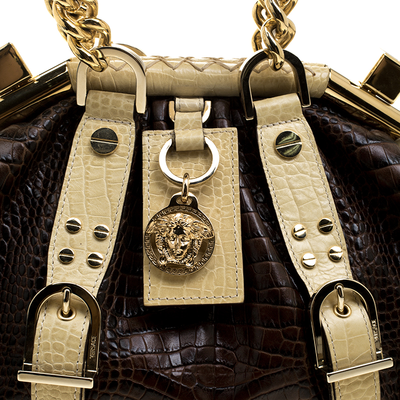Versace Brown/Cream Croc Embossed Leather Madonna Boston Bag Versace