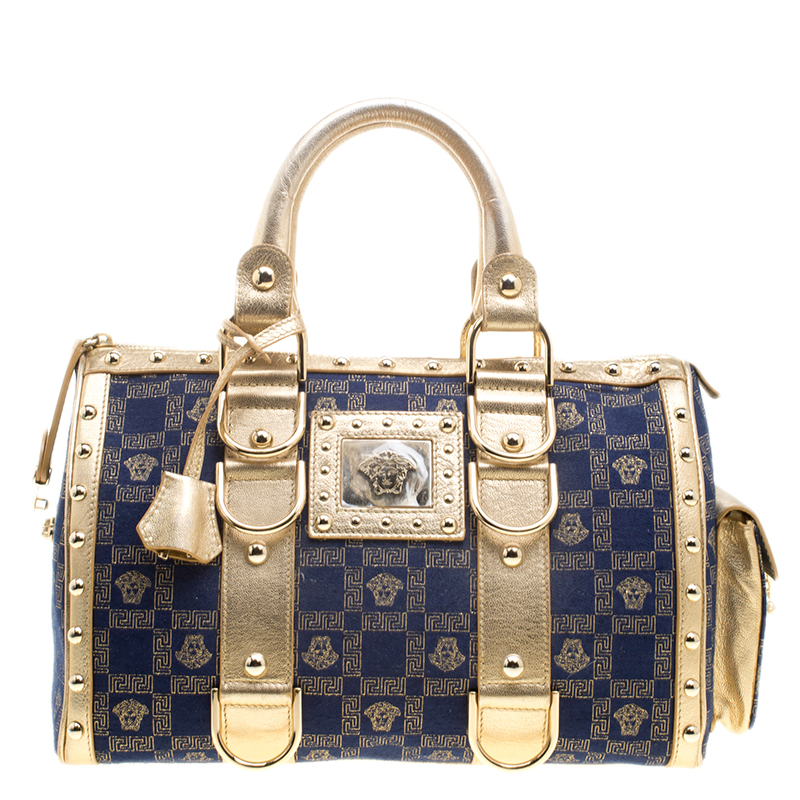 مملوكة مسبقًا Versace Blue/Gold Fabric and Leather Snap Out Of It Satchel